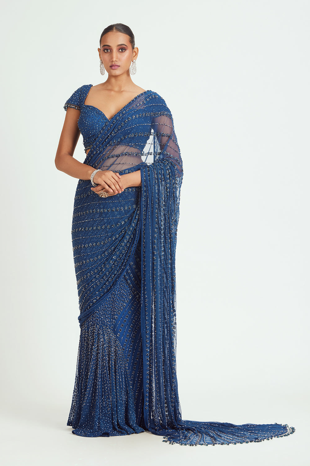 Cobalt Blue Net Pre Draped Saree