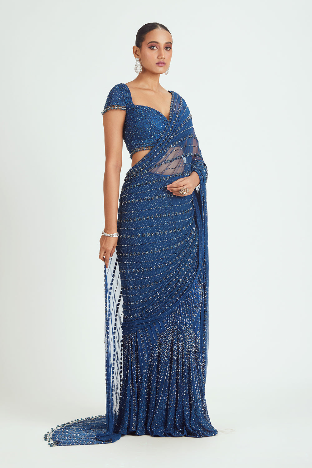 Cobalt Blue Net Pre Draped Saree