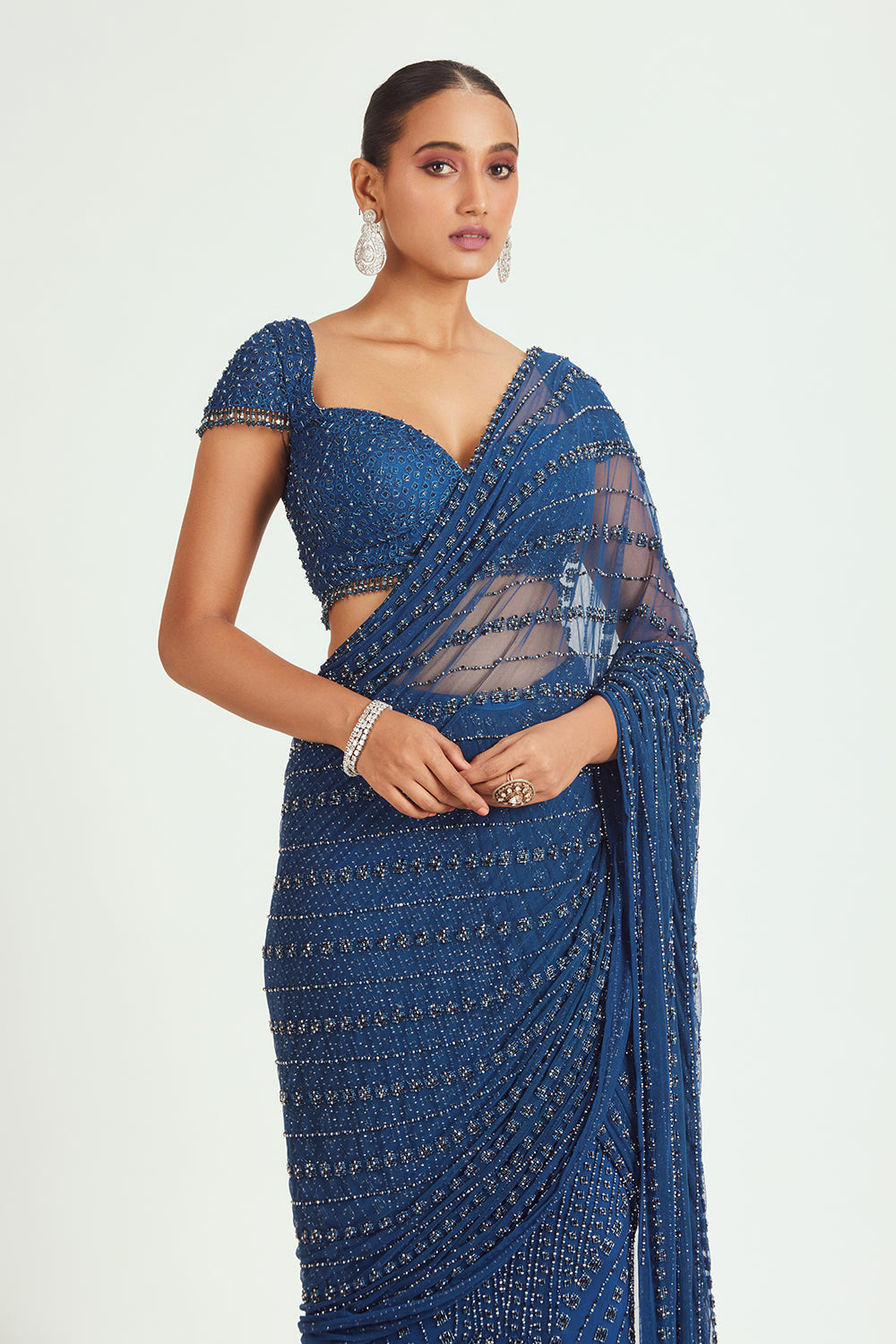 Cobalt Blue Net Pre Draped Saree