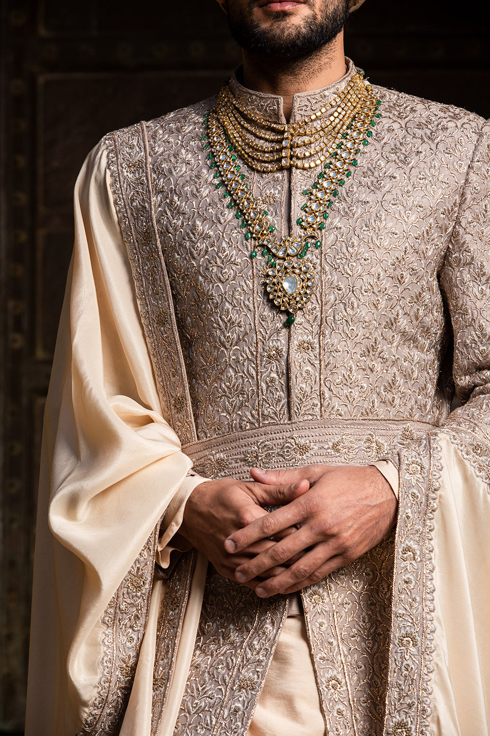 Coffee Raw Silk Achkan With Belt And Monga+Churidar