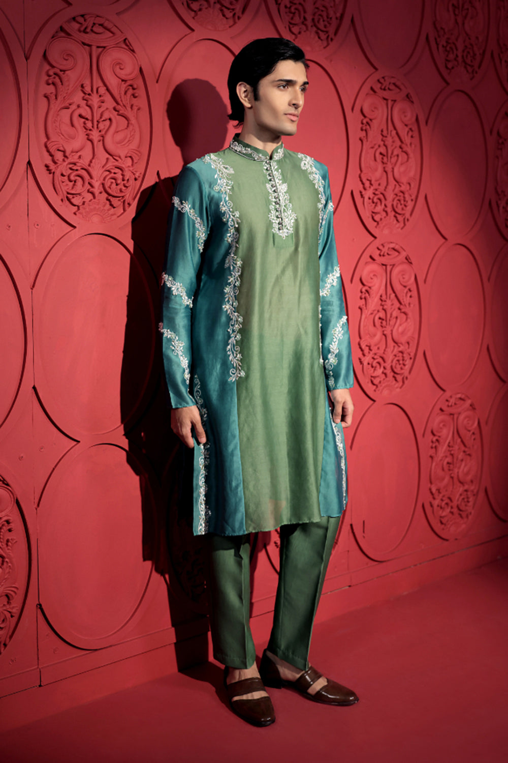 Colorblock Embroidered Green and Blue Kurta Set