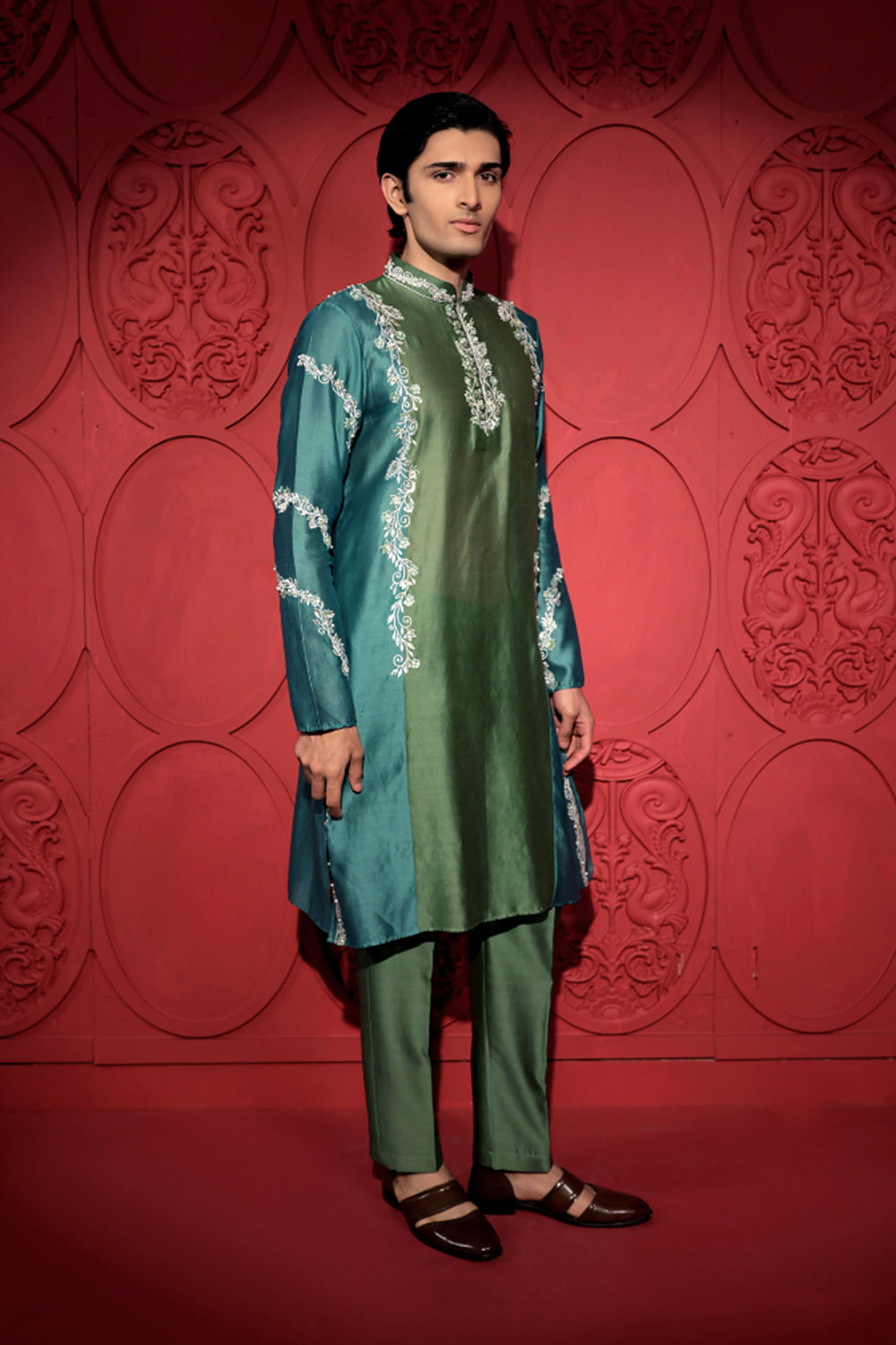 Colorblock Embroidered Green and Blue Kurta Set
