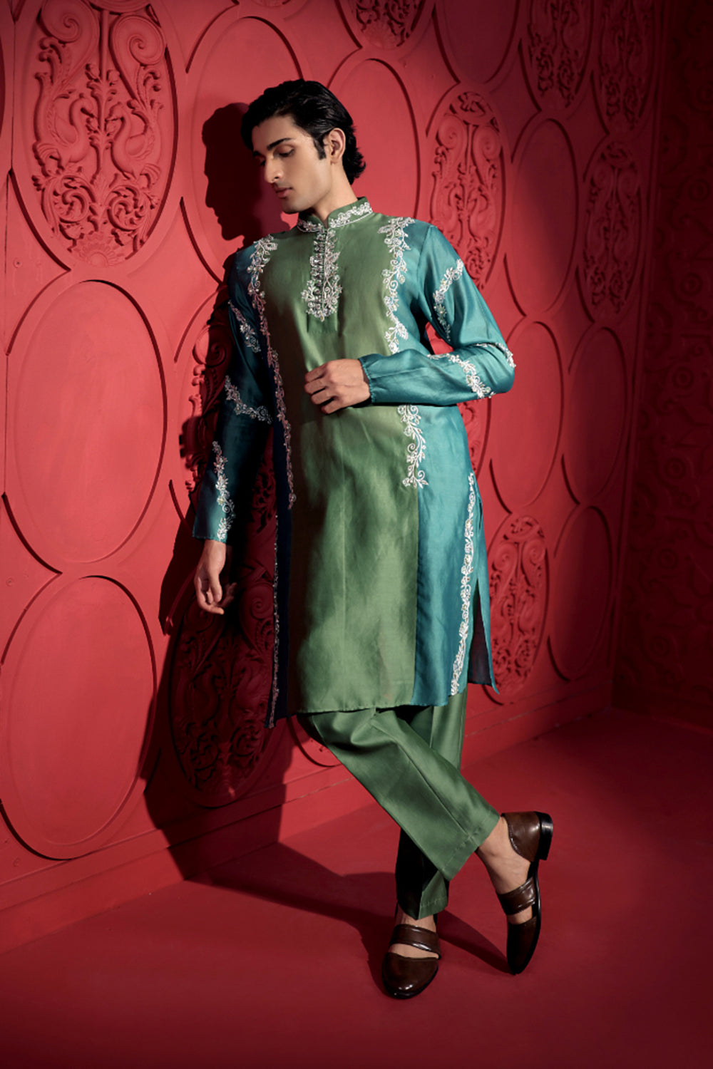 Colorblock Embroidered Green and Blue Kurta Set