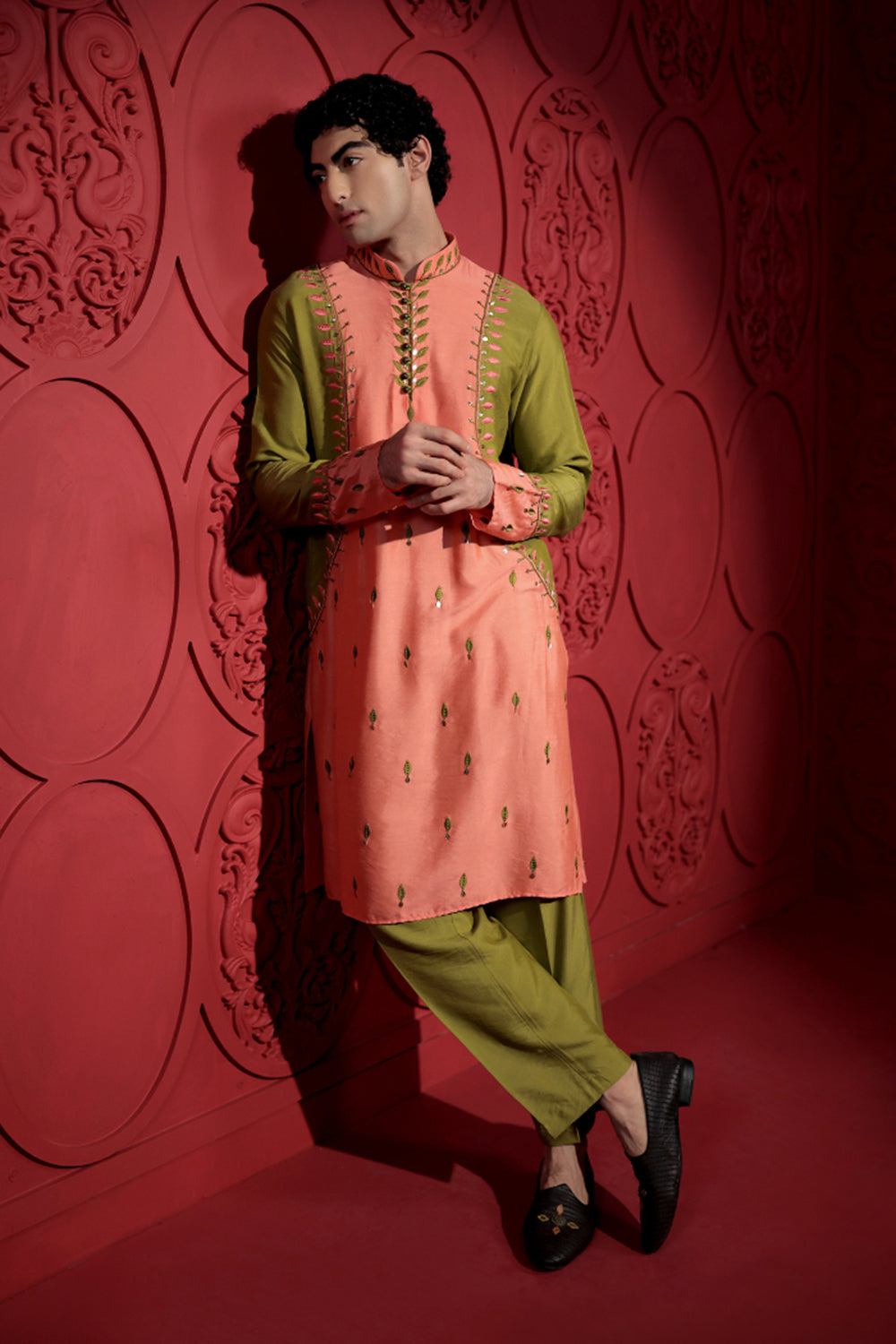Colorblock Embroidered Peach and Olive Green Kurta Set