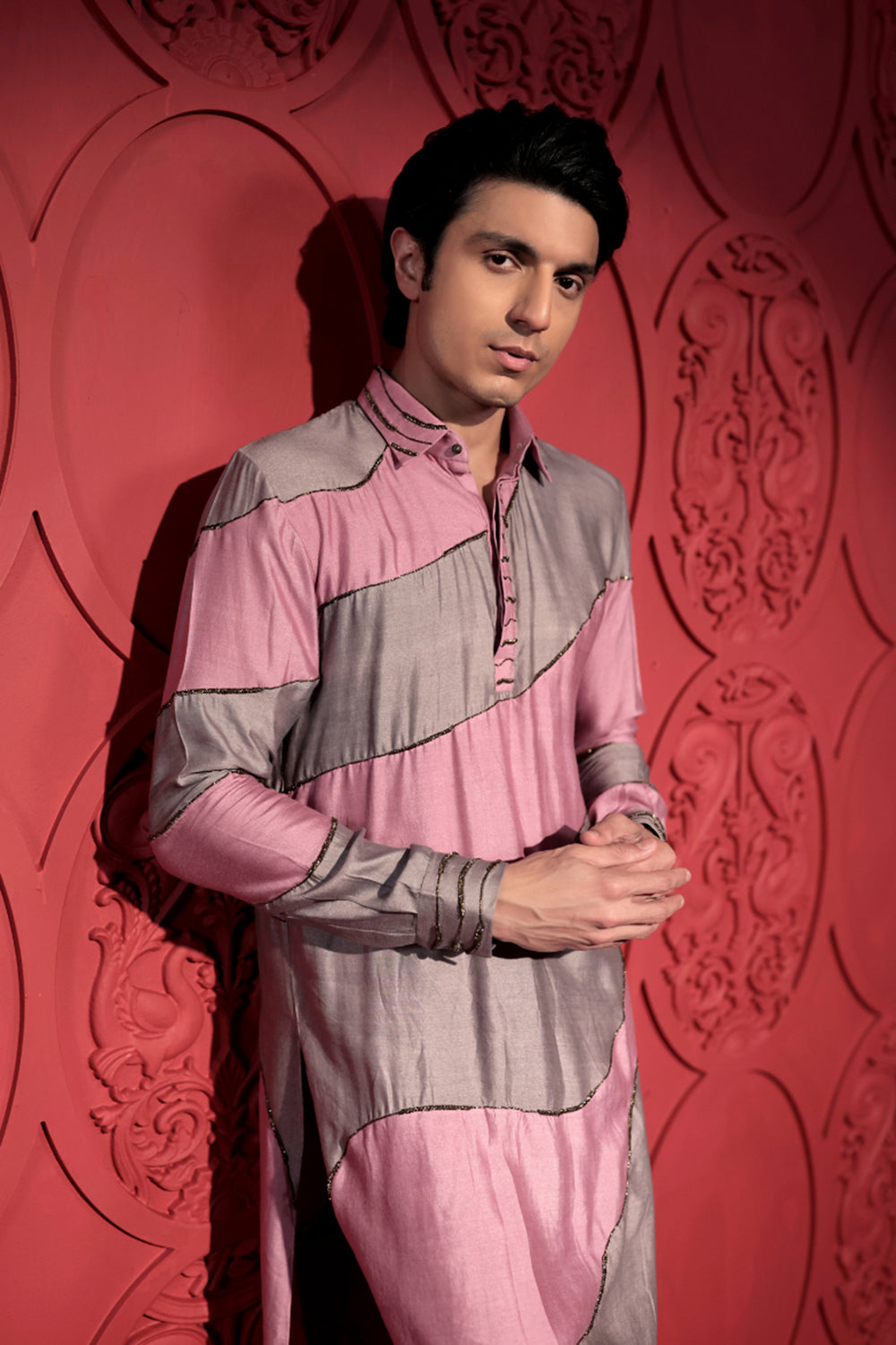 Colorblock Embroidered Pink and Grey Kurta Set