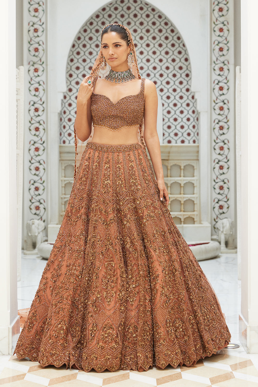 Copper Net Lehenga Choli With A Head Veil