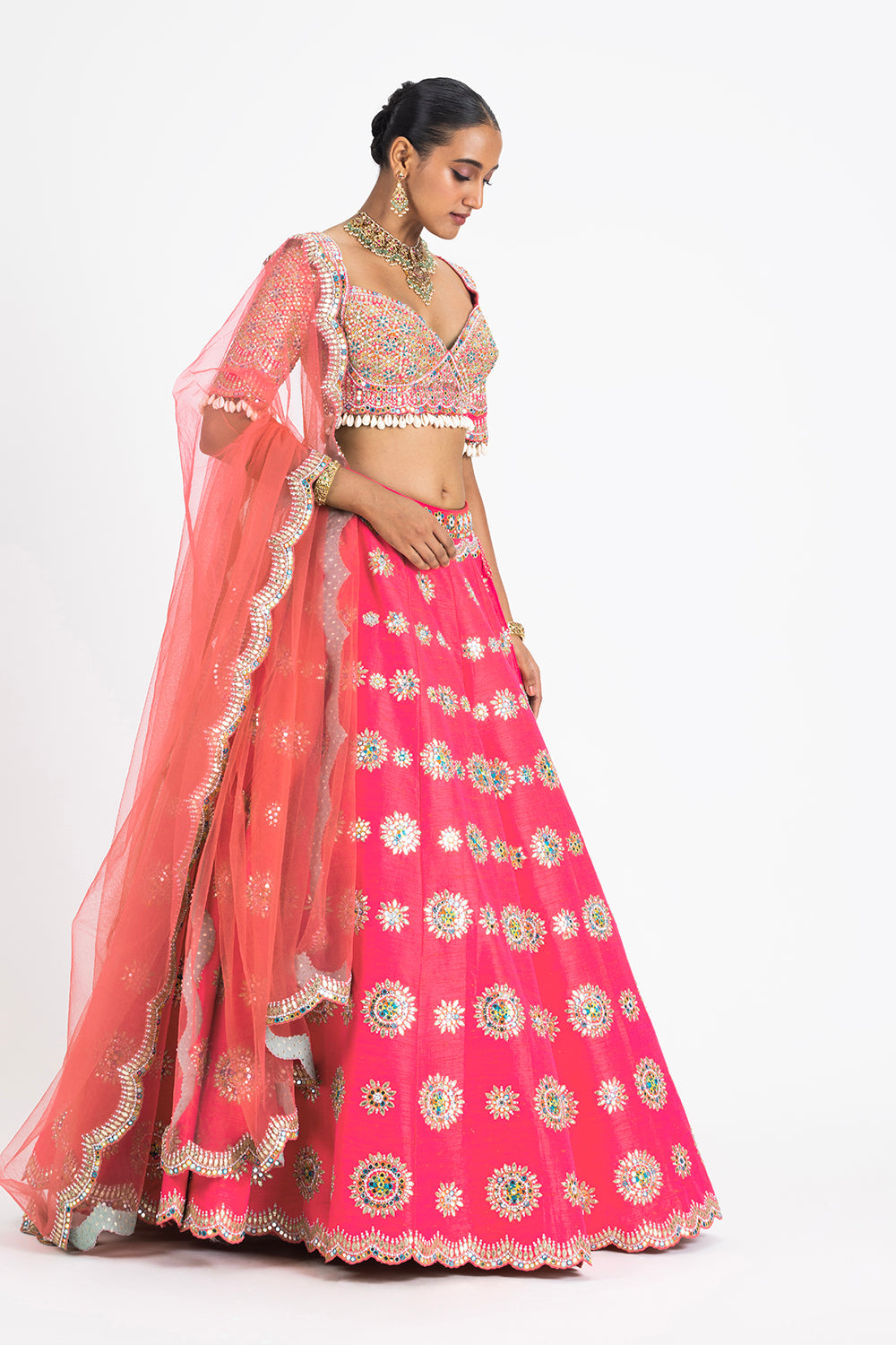 Coral Pink Raw Silk Lehenga Set