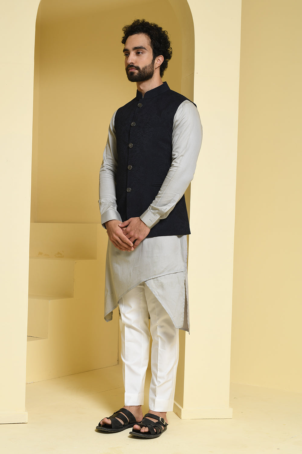 Cotton Grey kurta pants with contrasting silk embroidered jacket