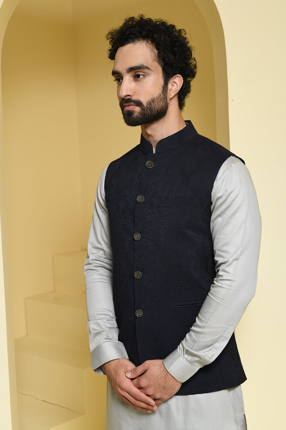 Cotton Grey kurta pants with contrasting silk embroidered jacket