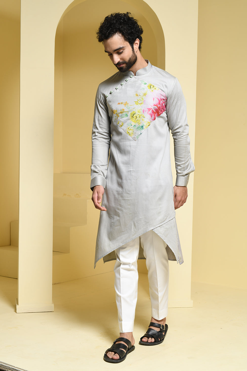 Cotton Grey kurta pants with Organza Details