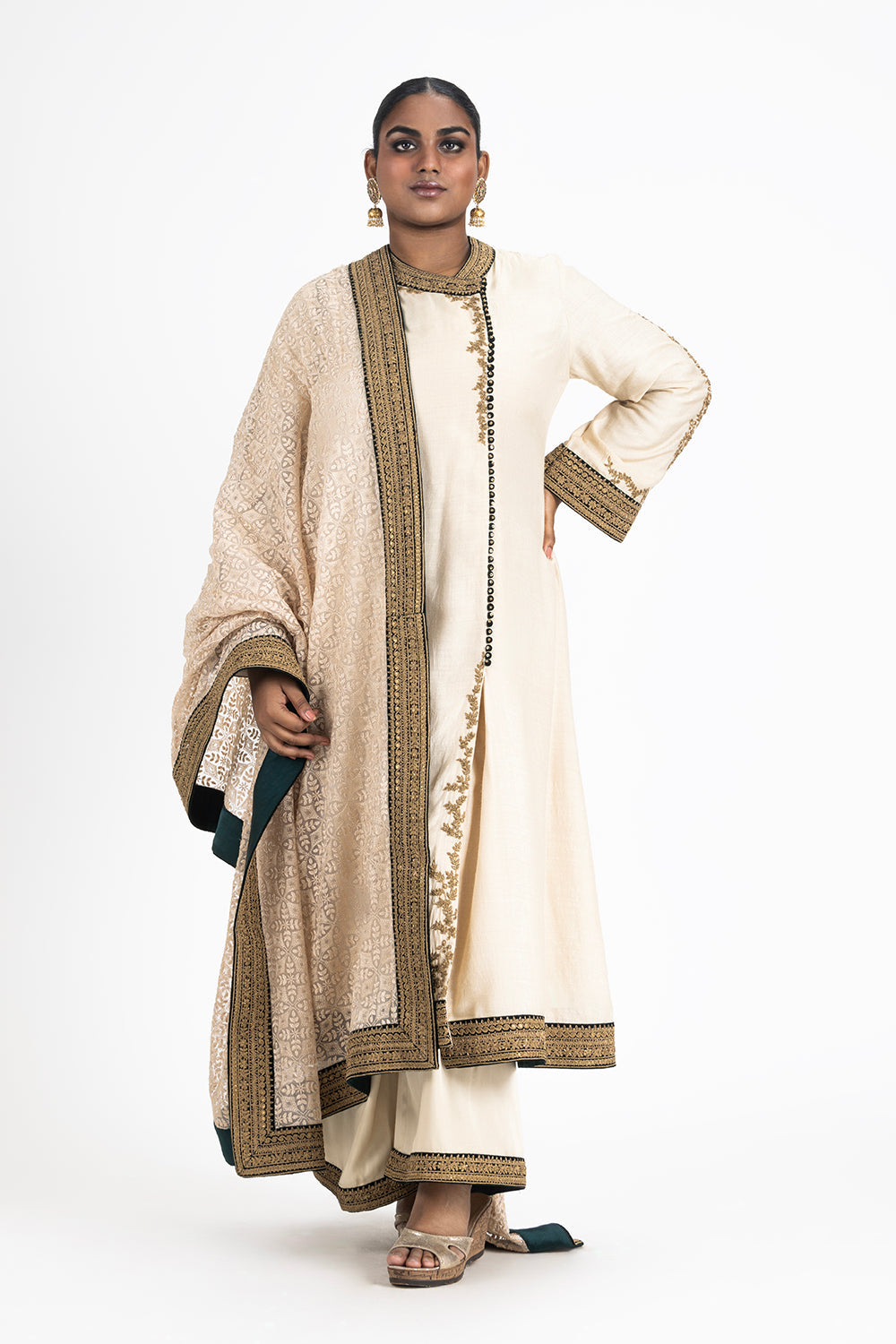 Cream Monga Silk Kurta And Palazo Set