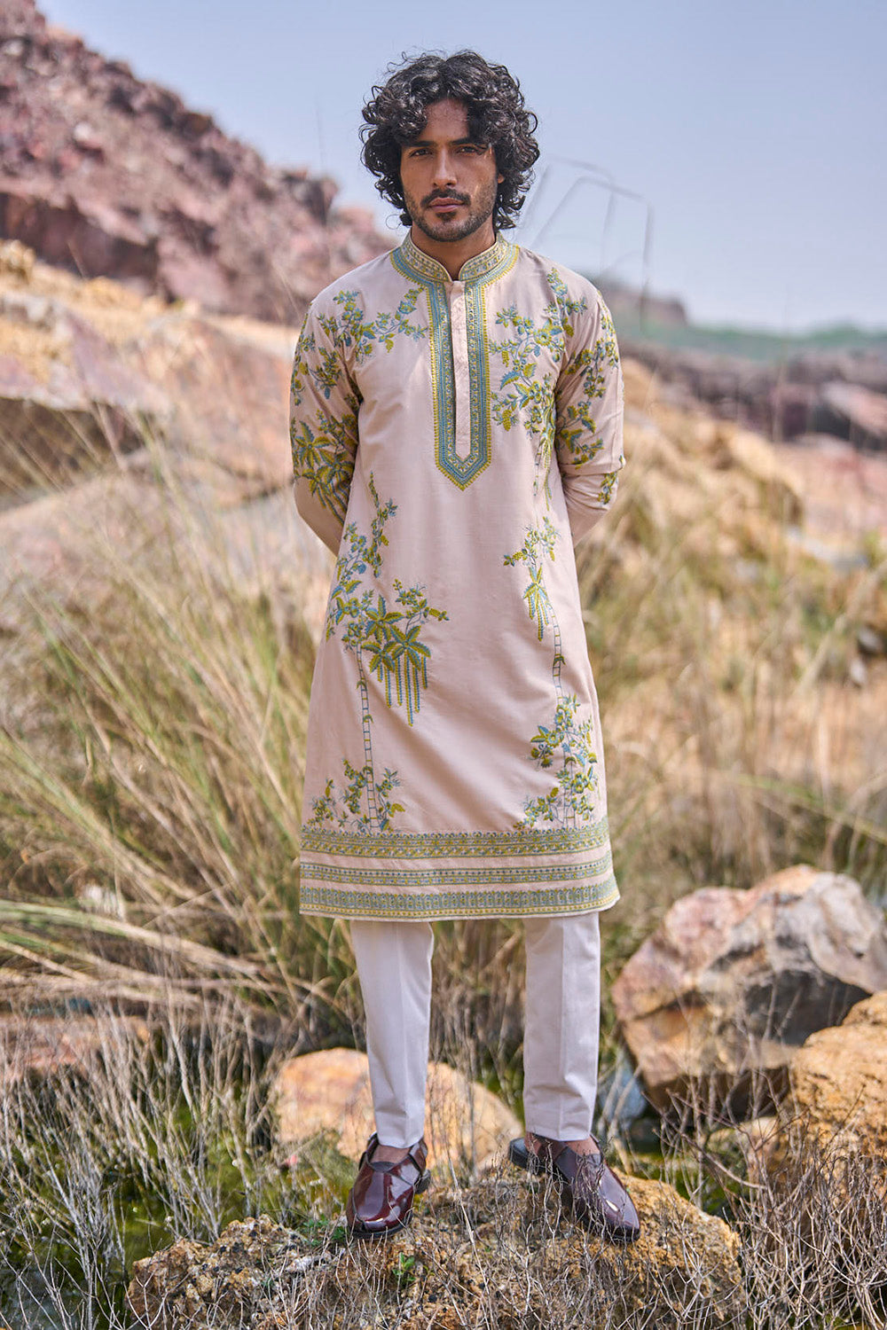 Cream Royal Pam Tree Creeper Kurta Set