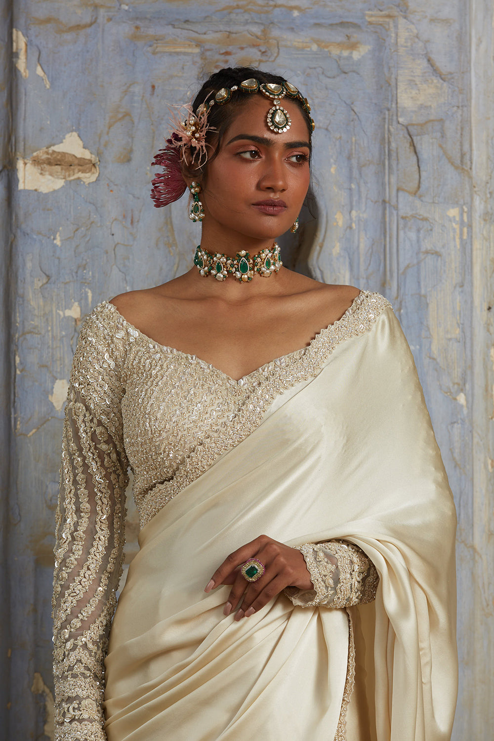 Cream Satin Saree
