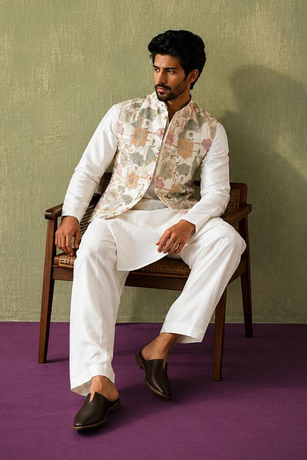 Cream Sea-Green Kurta Jawahar Set