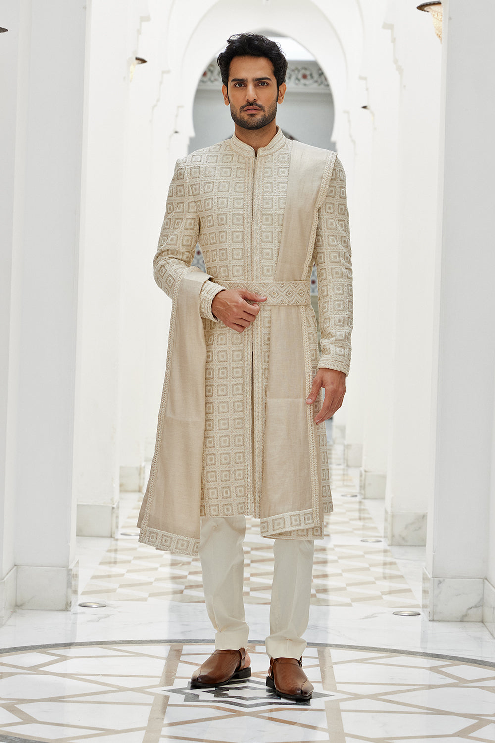 Cream Sherwani Kurta Trouser Set