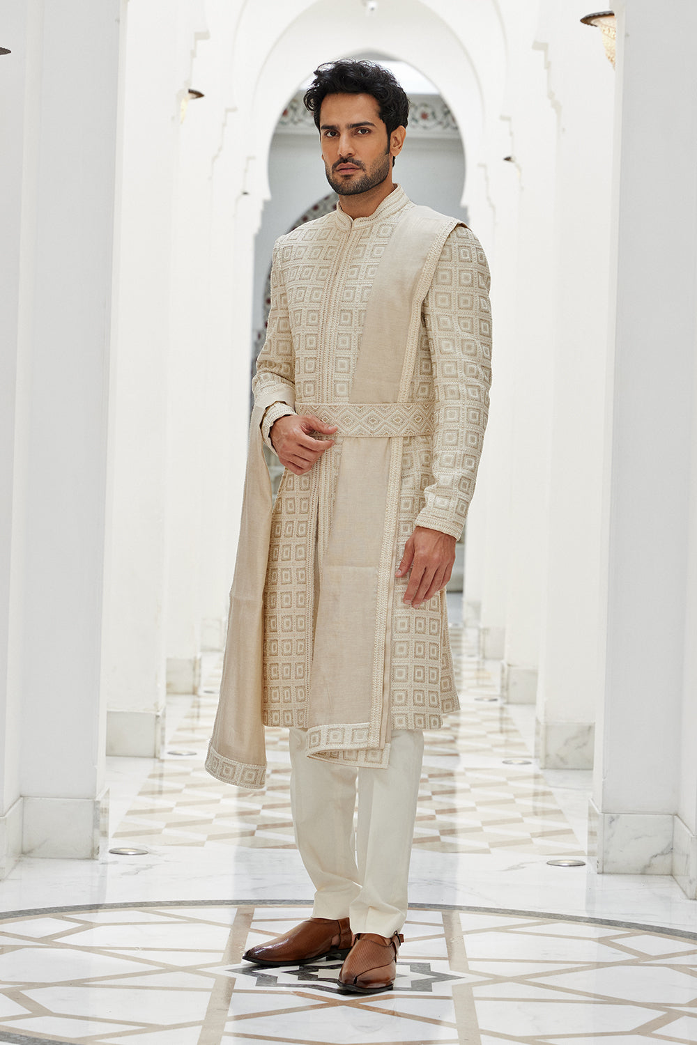 Cream Sherwani Kurta Trouser Set