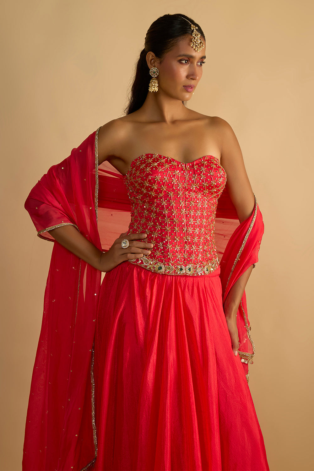 Crimson Blush Silk Chiffon Hand Embroidered Corset with Lehenga and Chitta work Organza Dupatta