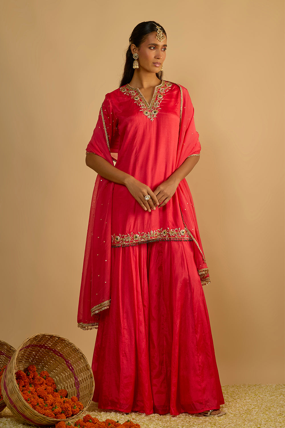 Crimson Blush Silk Chiffon Short Kurta Gharara Set with Handwork on the Dupatta and Chitta work Organza Dupatta