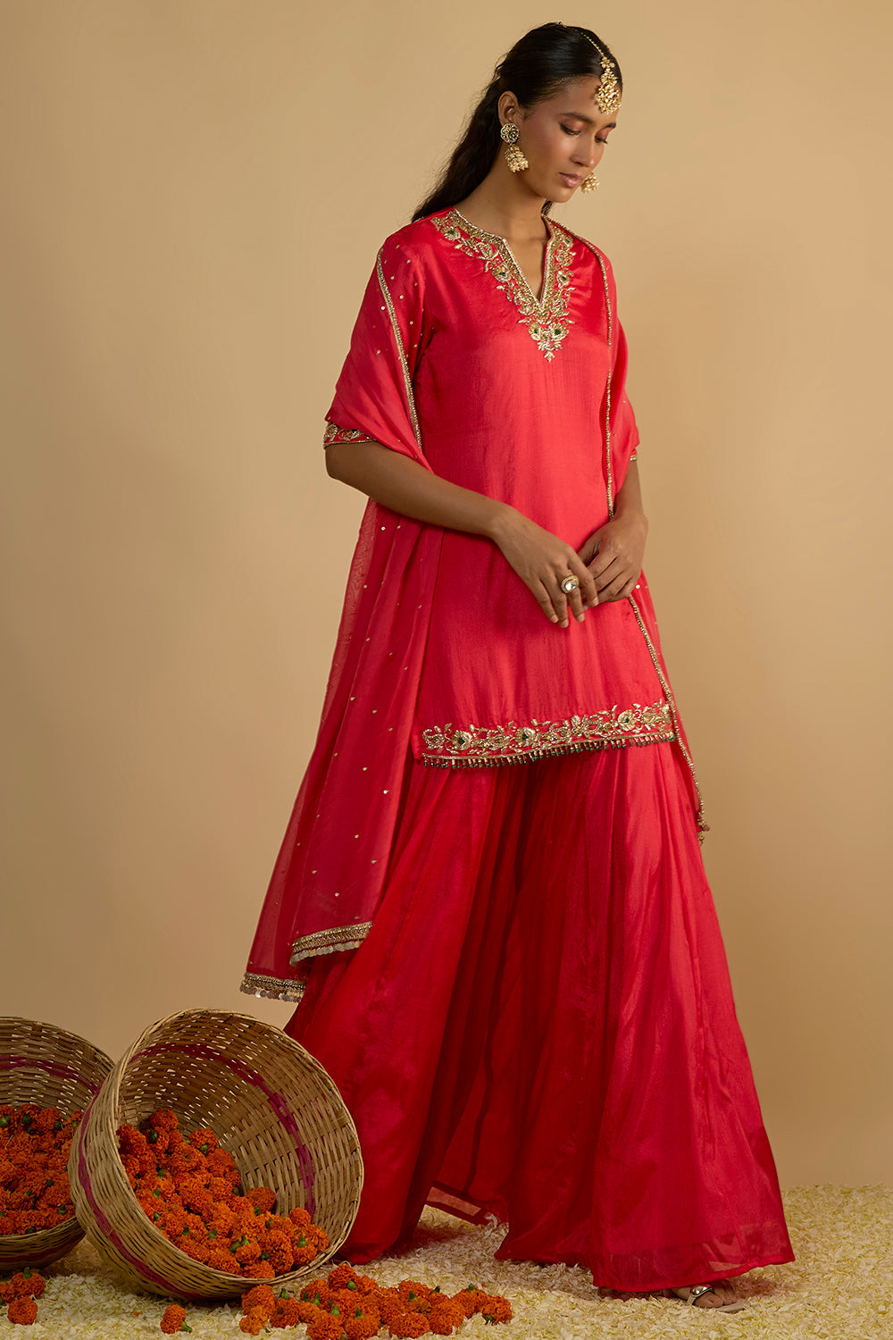 Crimson Blush Silk Chiffon Short Kurta Gharara Set with Handwork on the Dupatta and Chitta work Organza Dupatta