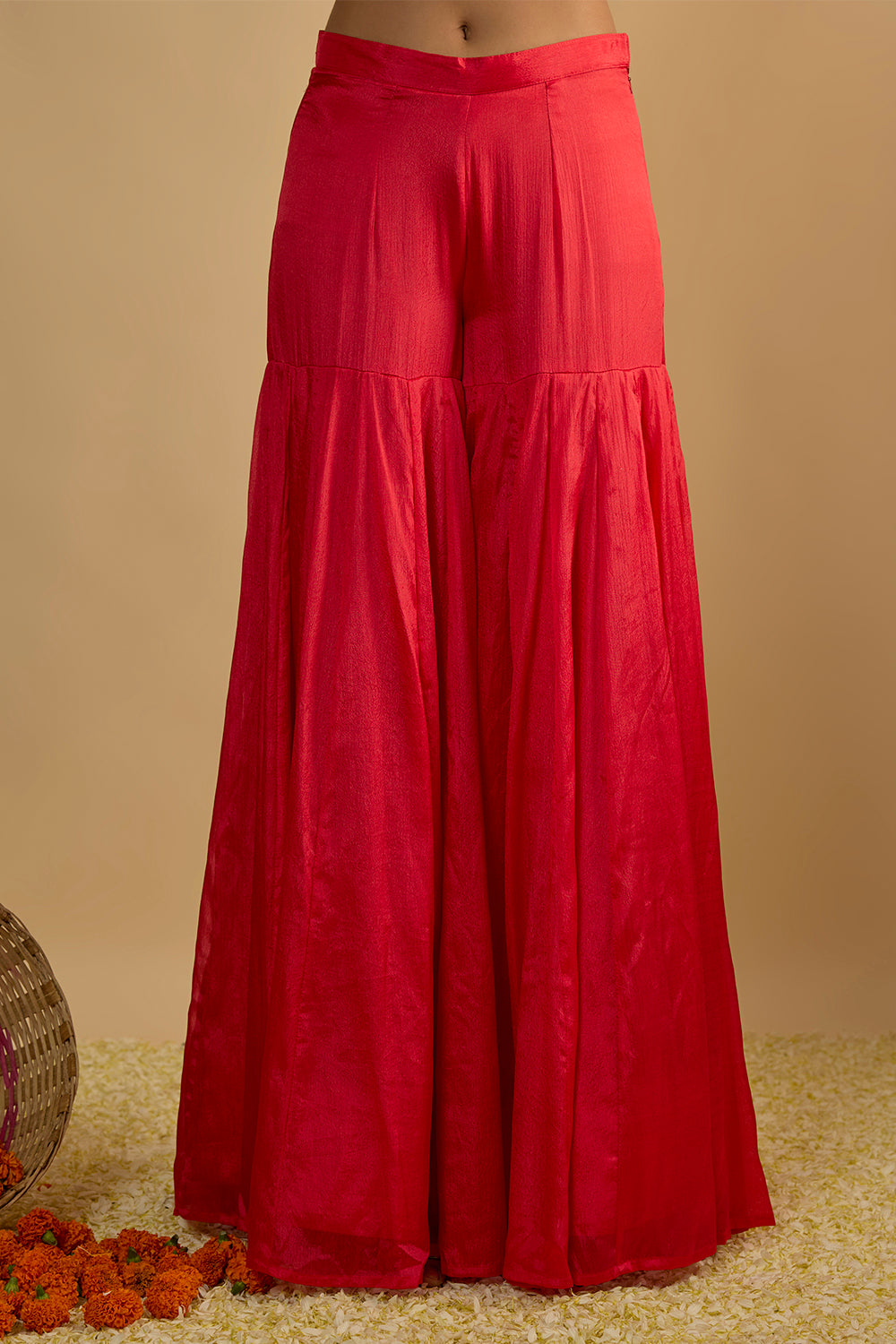 Crimson Blush Silk Chiffon Short Kurta Gharara Set with Handwork on the Dupatta and Chitta work Organza Dupatta