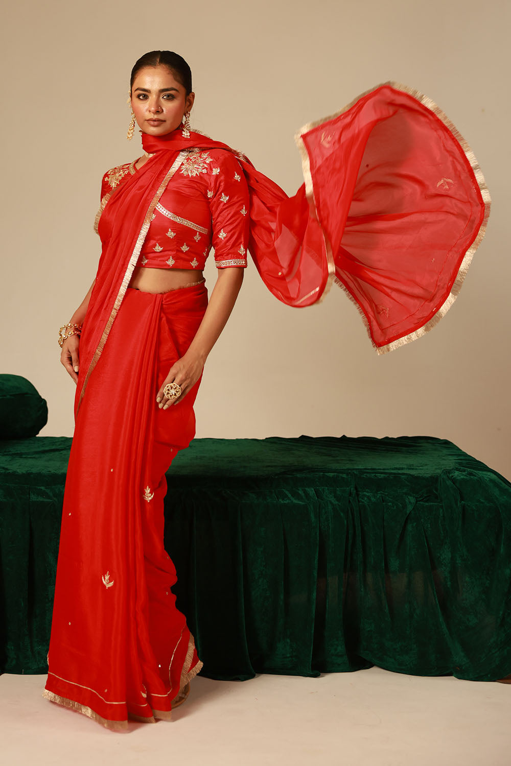 Crimson Red Chinon Saree