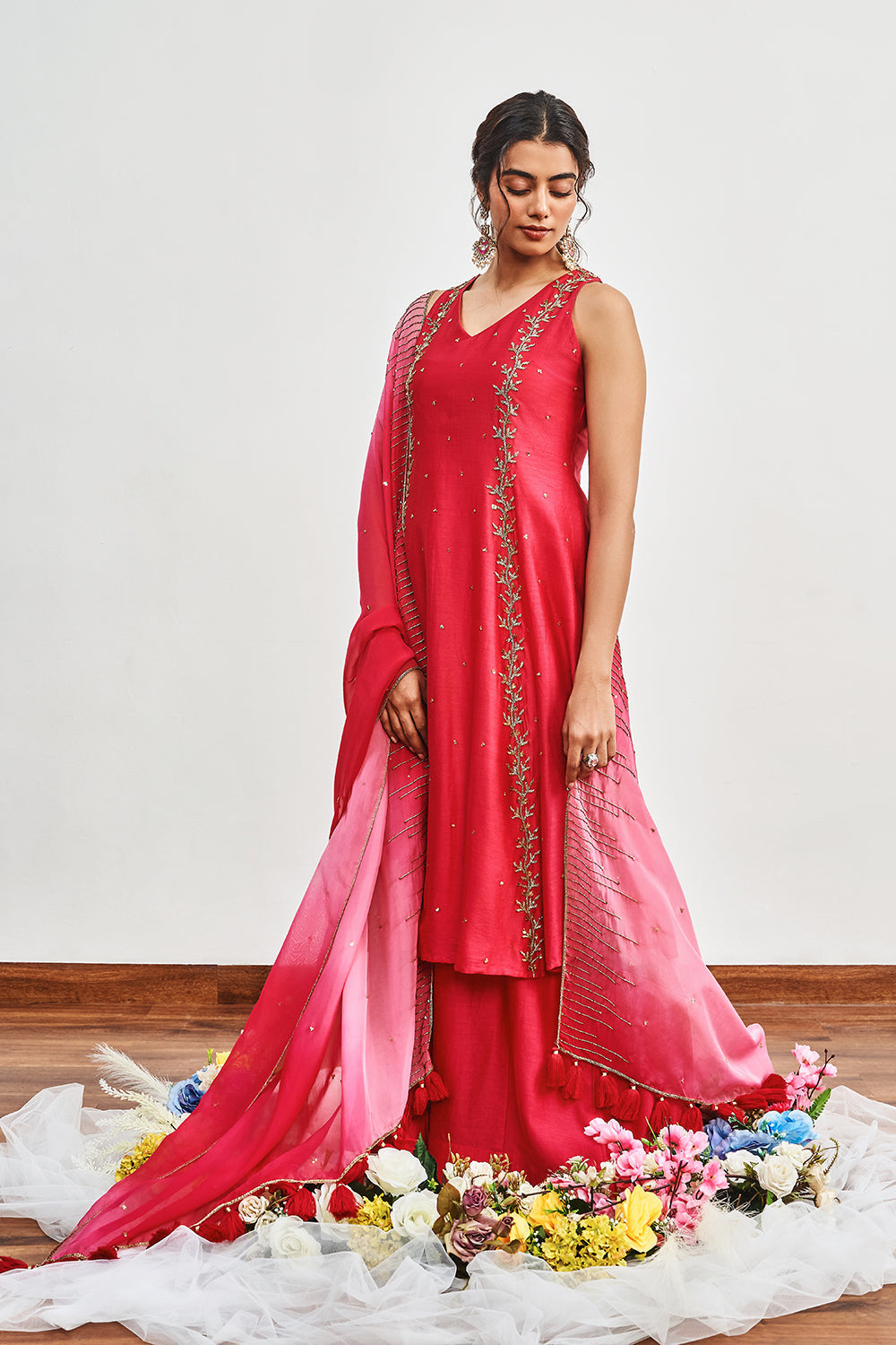 Crimson Red Kalidaar with Crimson Red X Rose Pink Shaded Dupatta