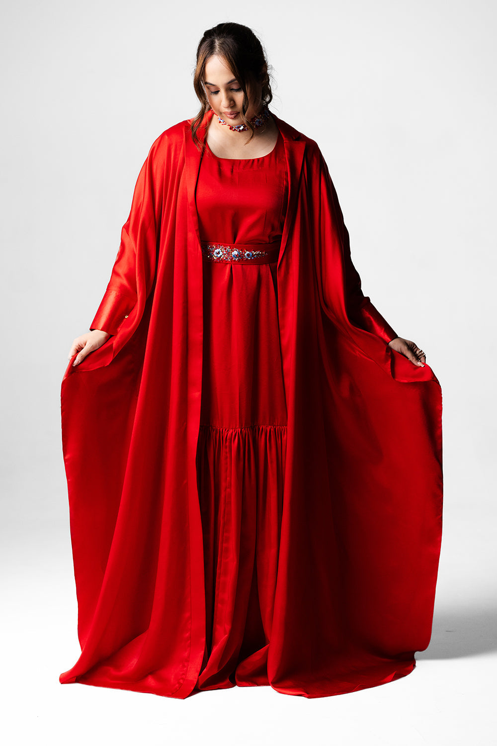 Crimson Red Satin Kaftan Gown Set