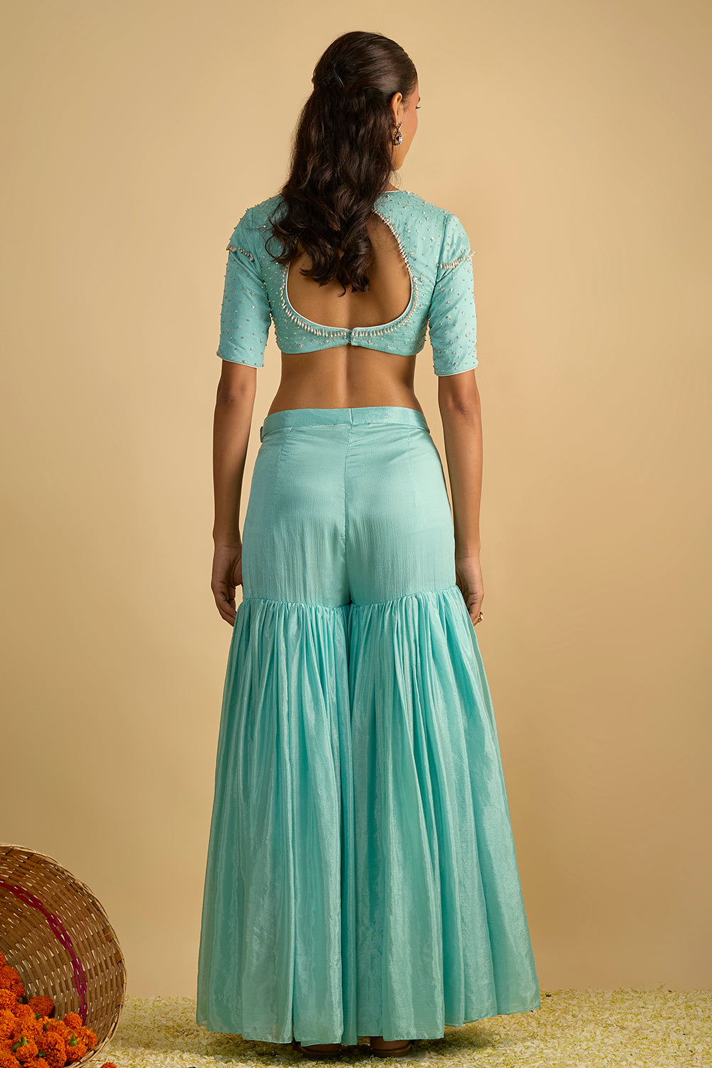 Crystal Blue Silk Chiffon Gharara Set with Hand Embroidered Blouse and Net Dupatta