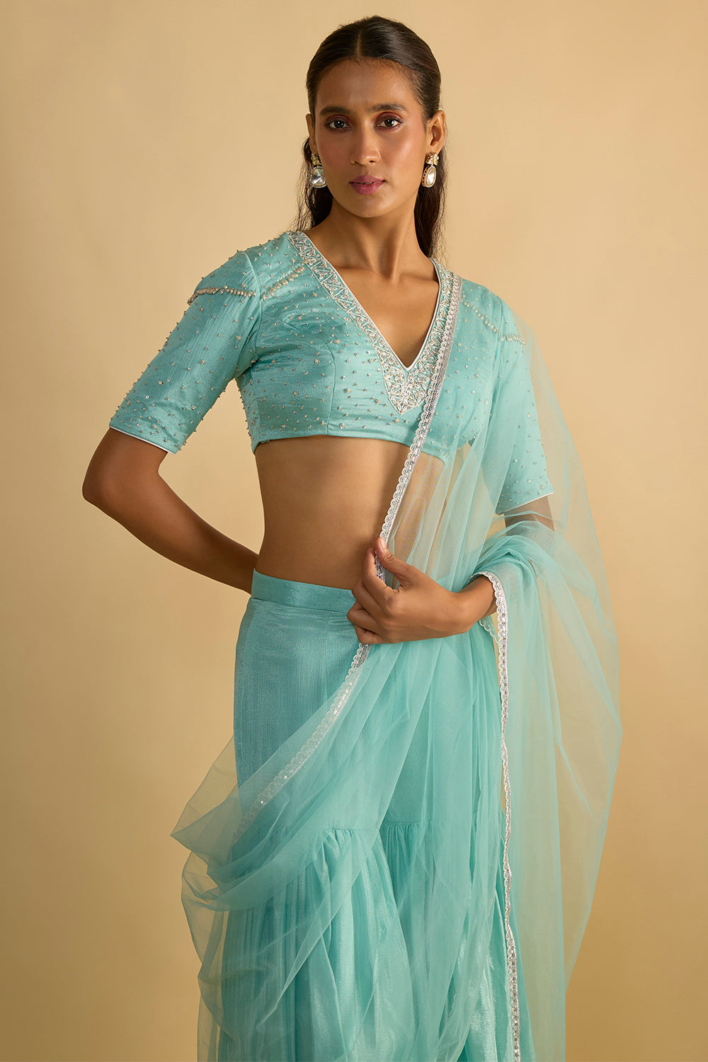 Crystal Blue Silk Chiffon Gharara Set with Hand Embroidered Blouse and Net Dupatta