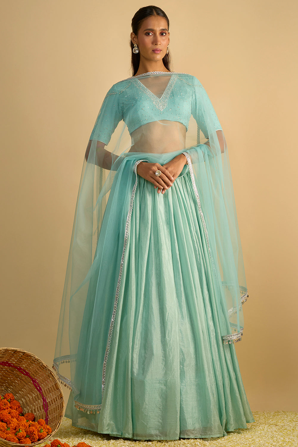 Crystal Blue Silk Chiffon Lehenga Set with Hand Embroidered Blouse and Net Dupatta