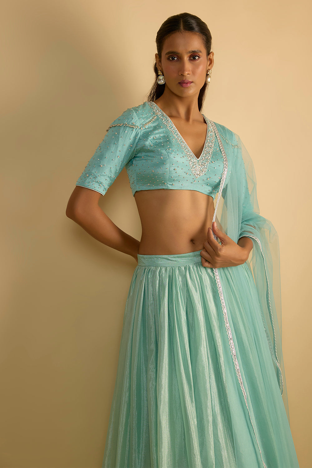 Crystal Blue Silk Chiffon Lehenga Set with Hand Embroidered Blouse and Net Dupatta