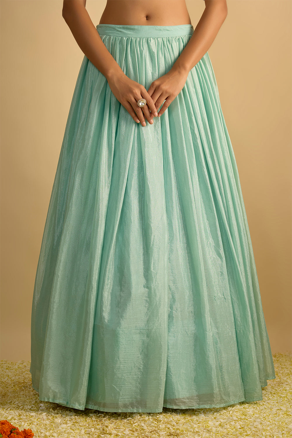 Crystal Blue Silk Chiffon Lehenga Set with Hand Embroidered Blouse and Net Dupatta