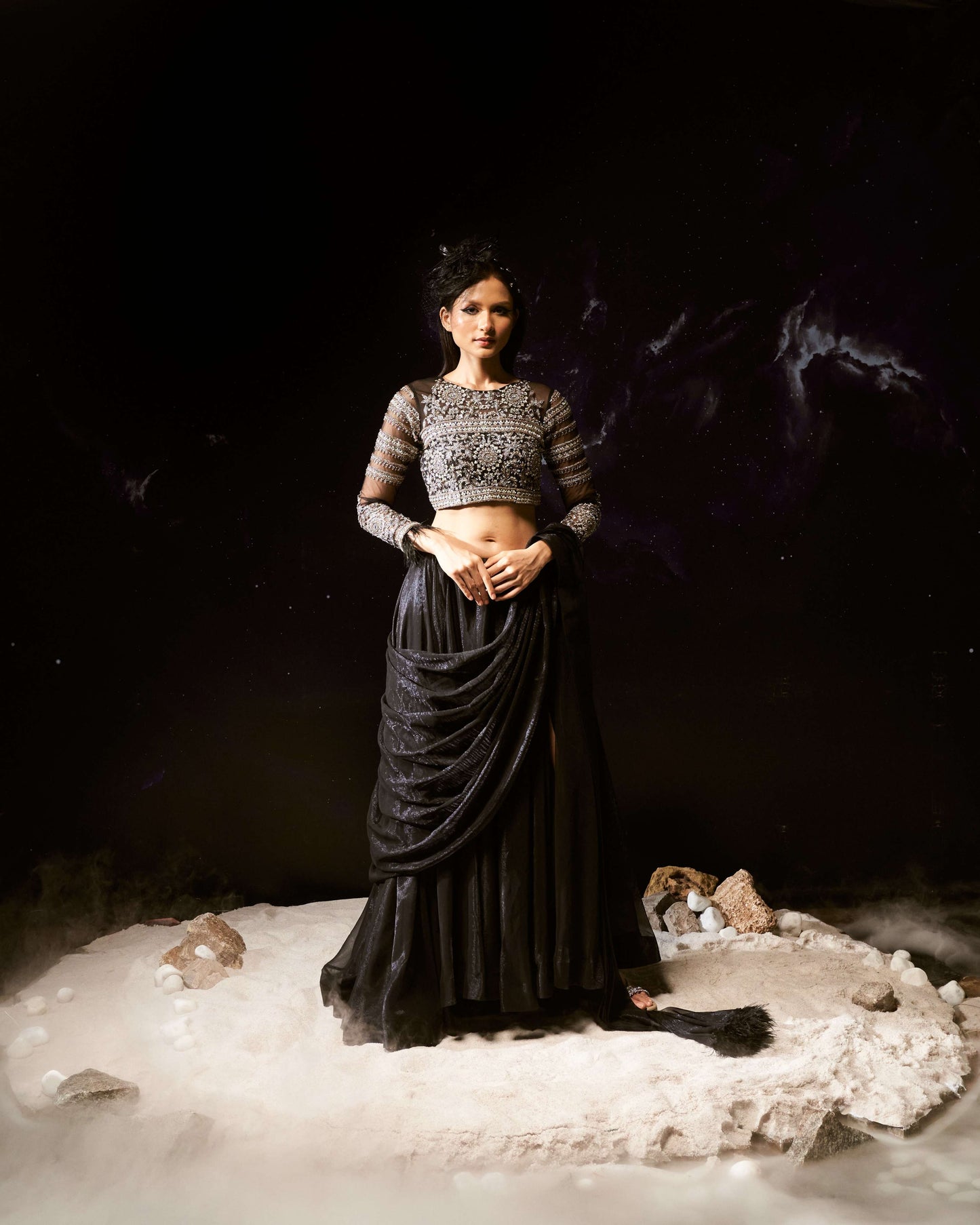 Dara-Nakshatra Black Ore Draped Saree With Intricate Embroidered Blouse