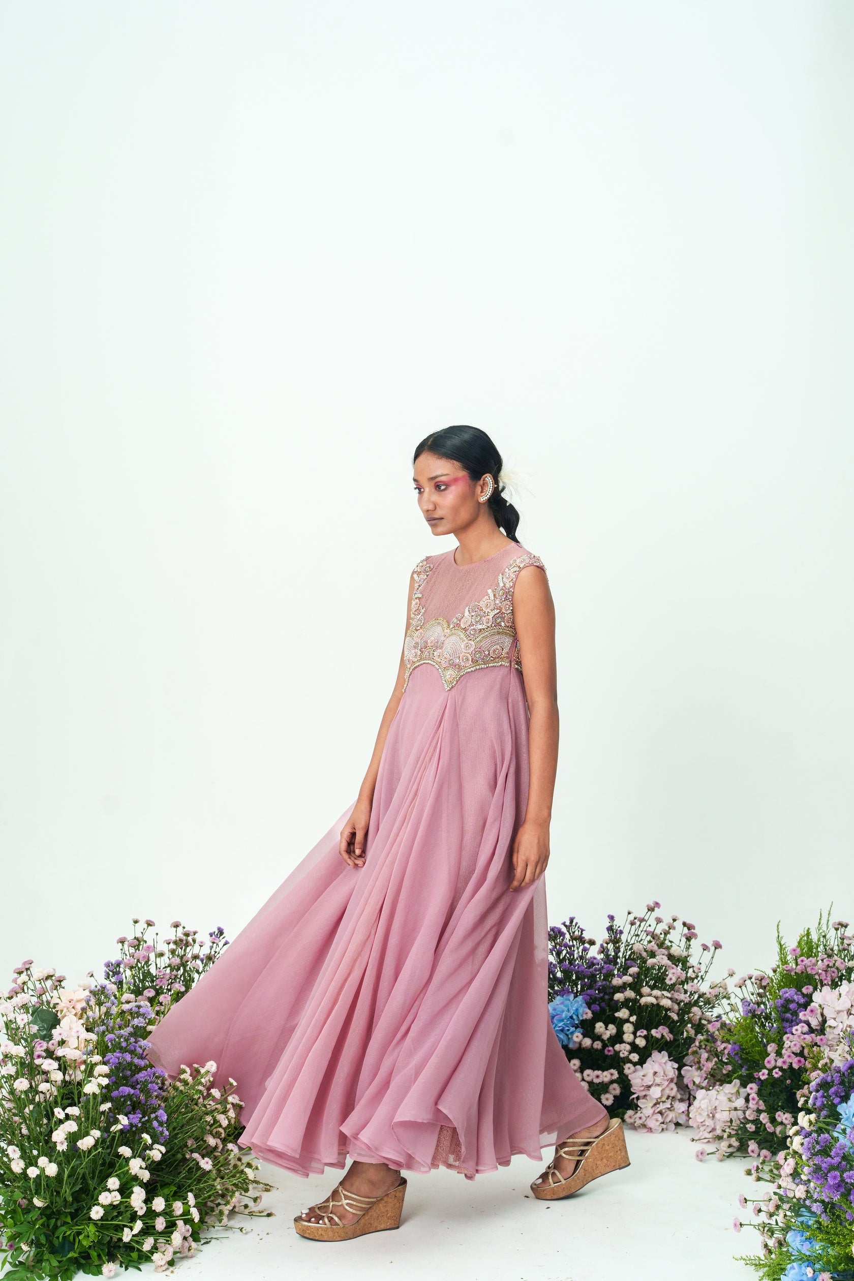 Mauve Sheer Neck Embroidered Flare Long Dress
