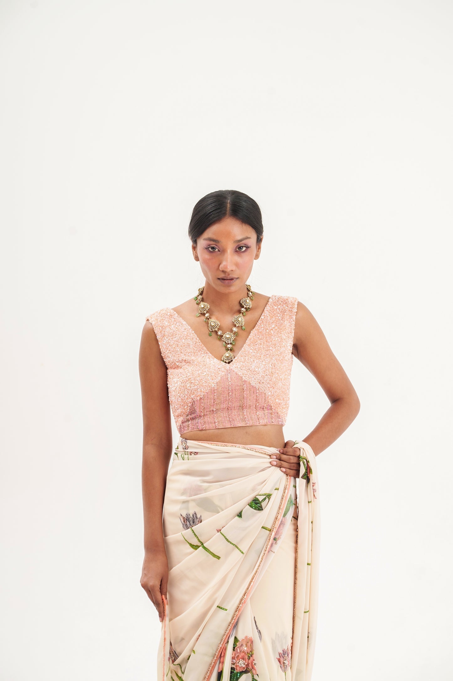 La Fleur-Beige Saree With Sequins Blouse