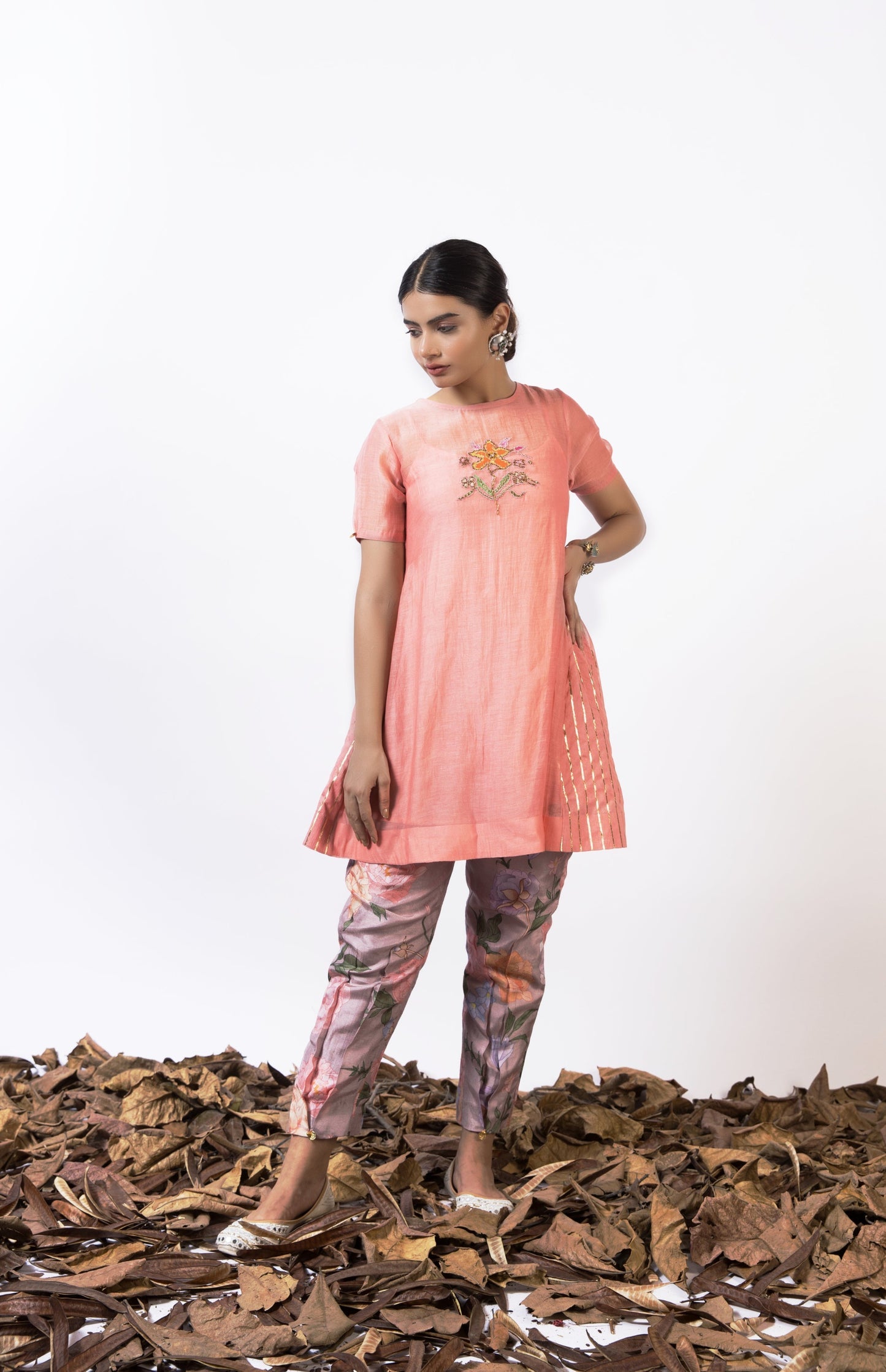 Coral Whispets And Dusty Grey Kurti Set