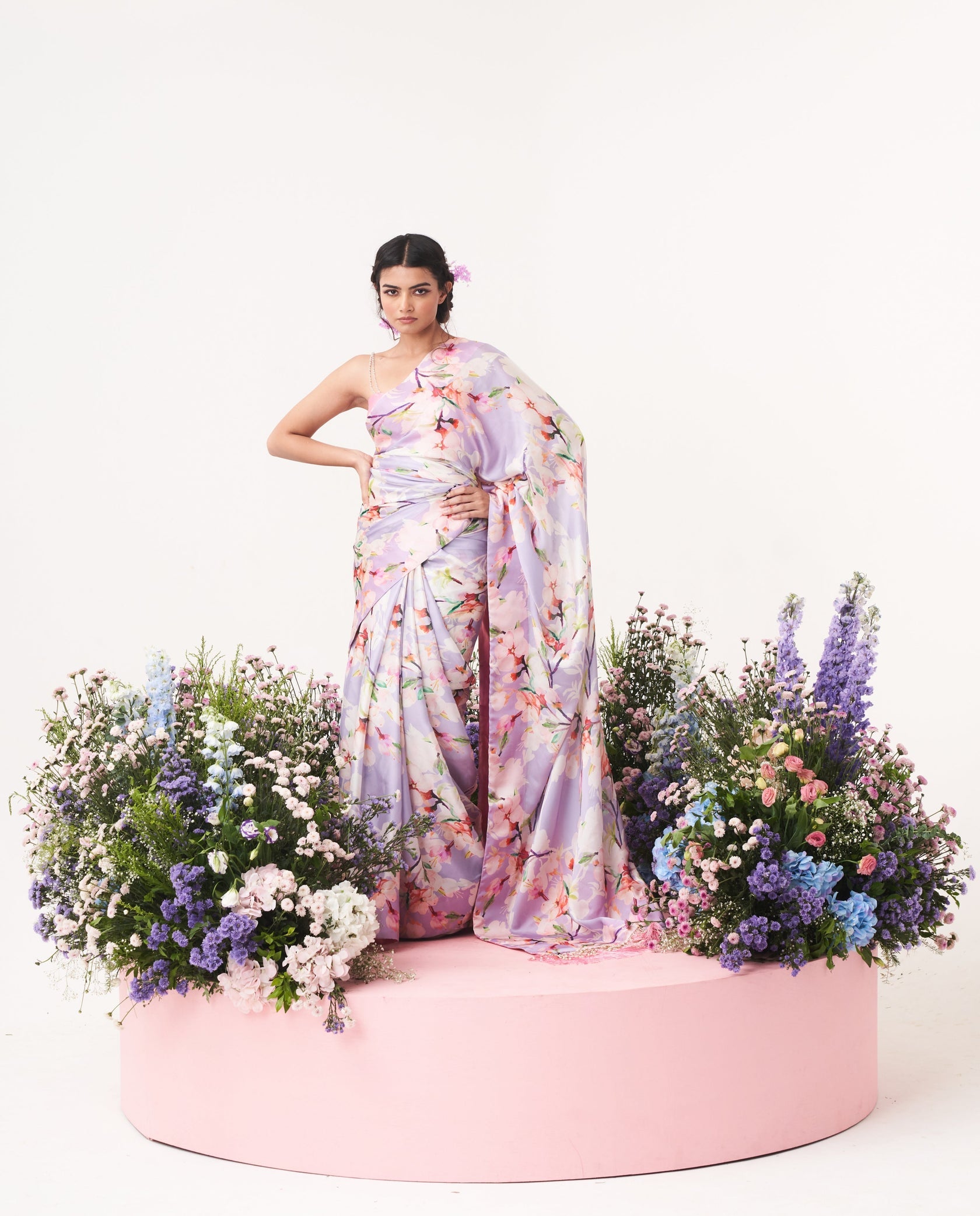 Lilium-Nakshatra Lilac Saree With Baby Pink Spaghetti Blouse