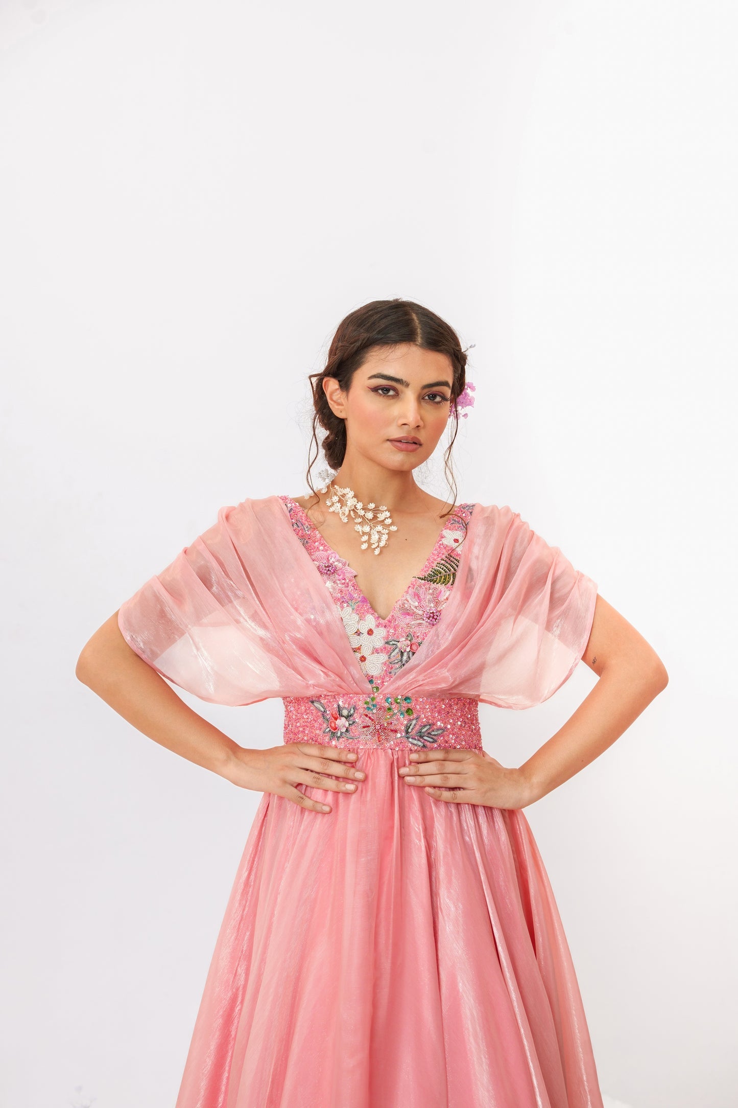 Cascade-Flamingo Pink Metallic Organza Dress