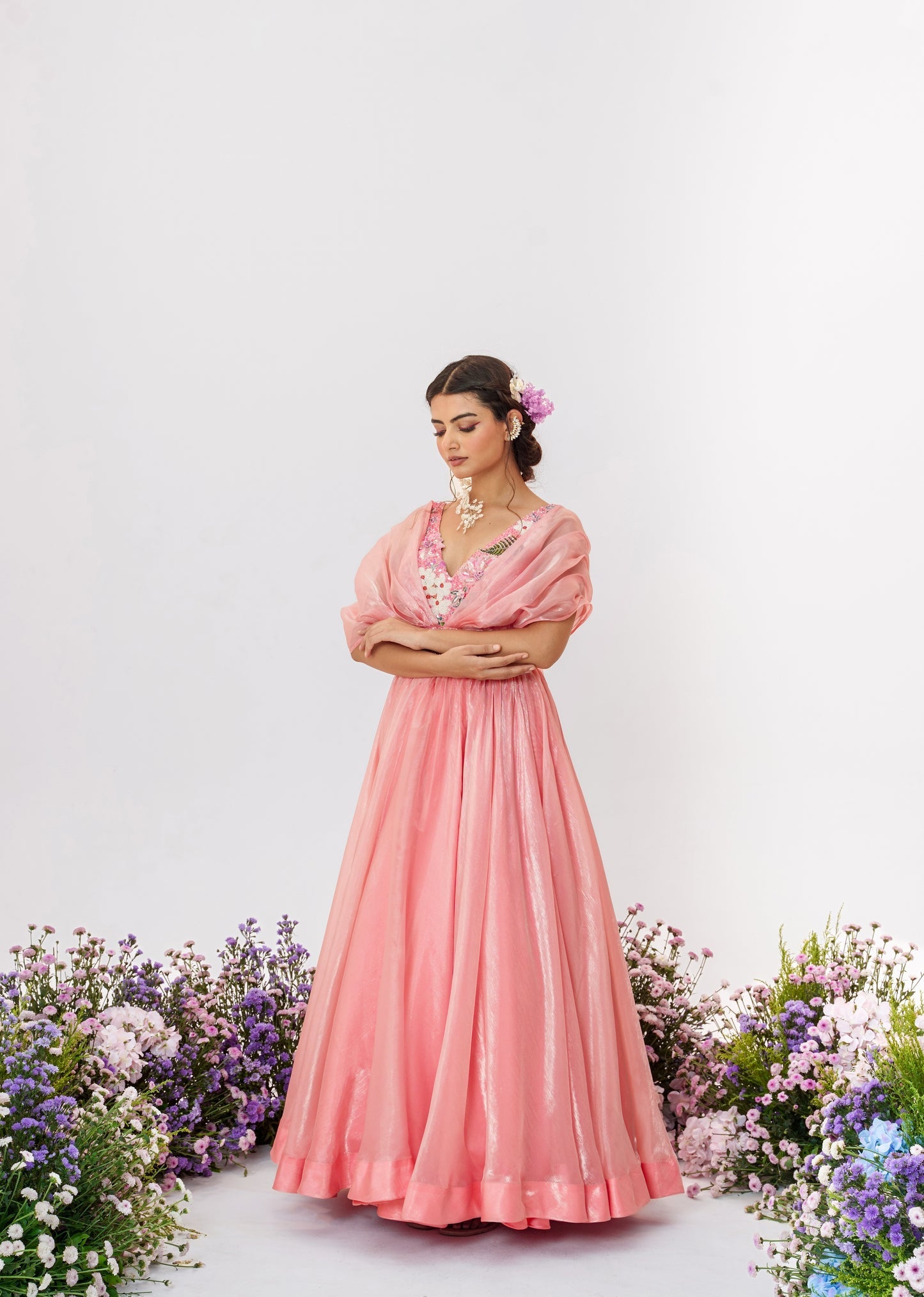 Cascade-Flamingo Pink Metallic Organza Dress
