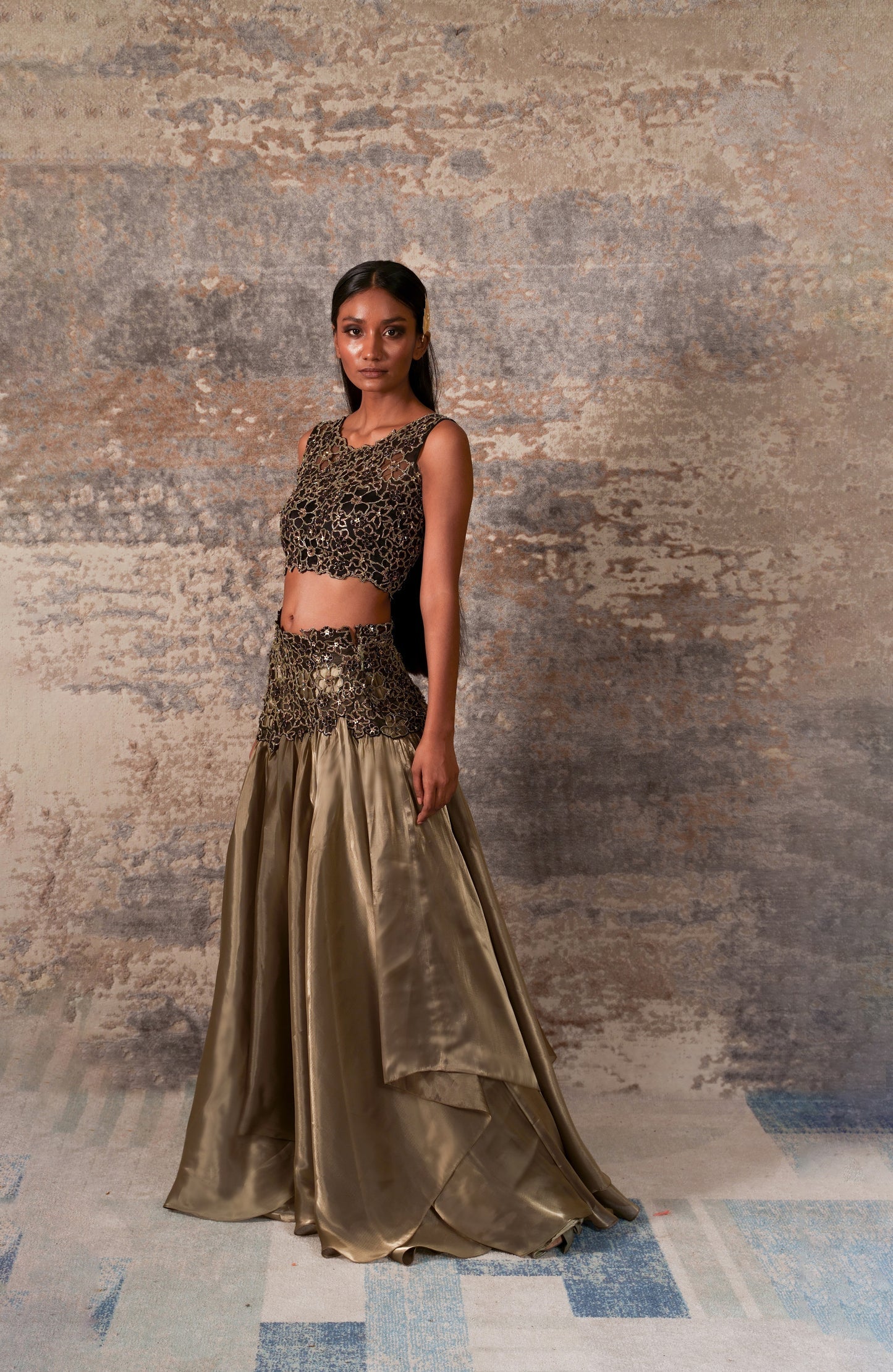 Traksh-Nakshatra Dusty Brown Mettalic Organza High Low Crop Top And Sk