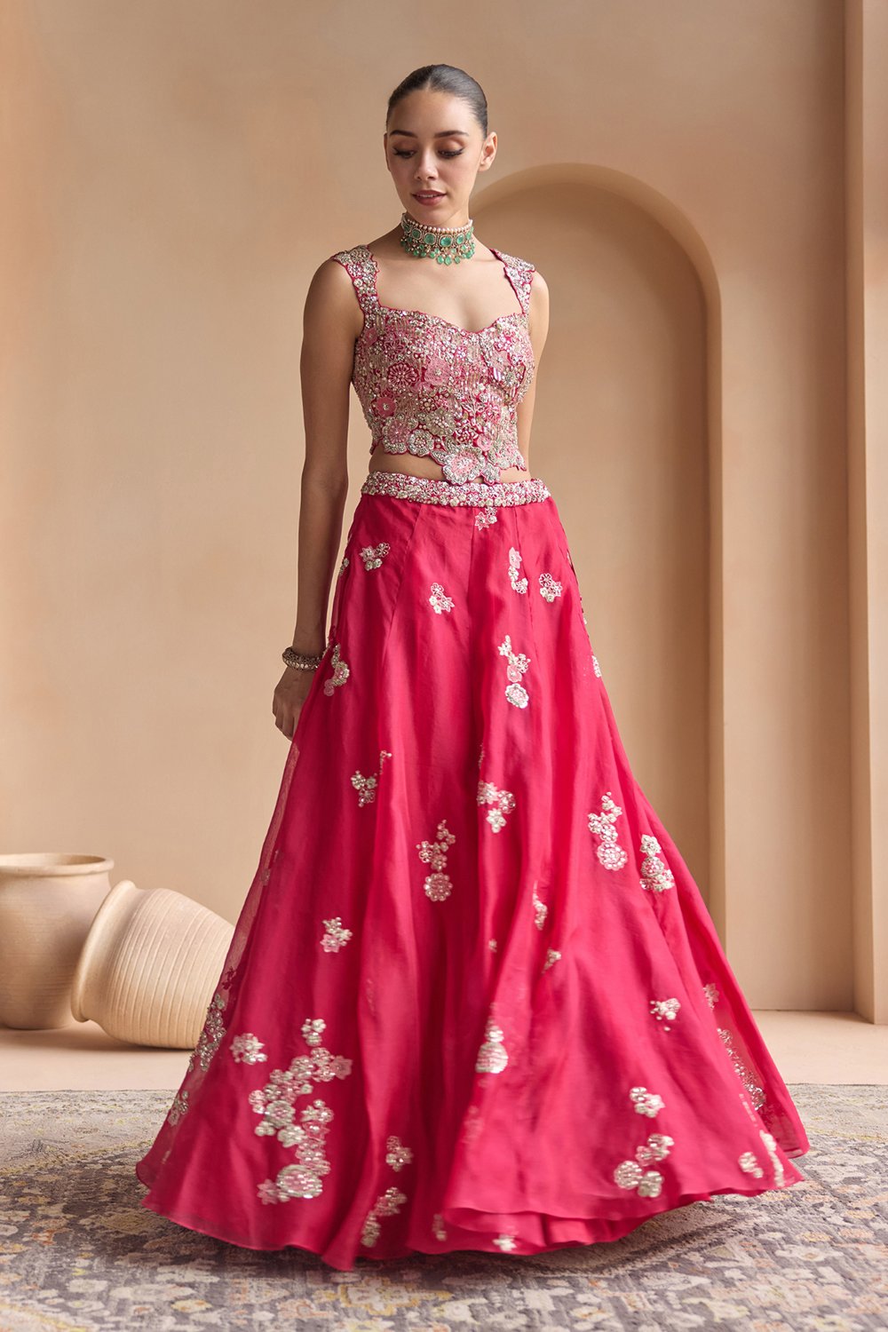 Cut Ruby Embroidered Organza Lehenga Set