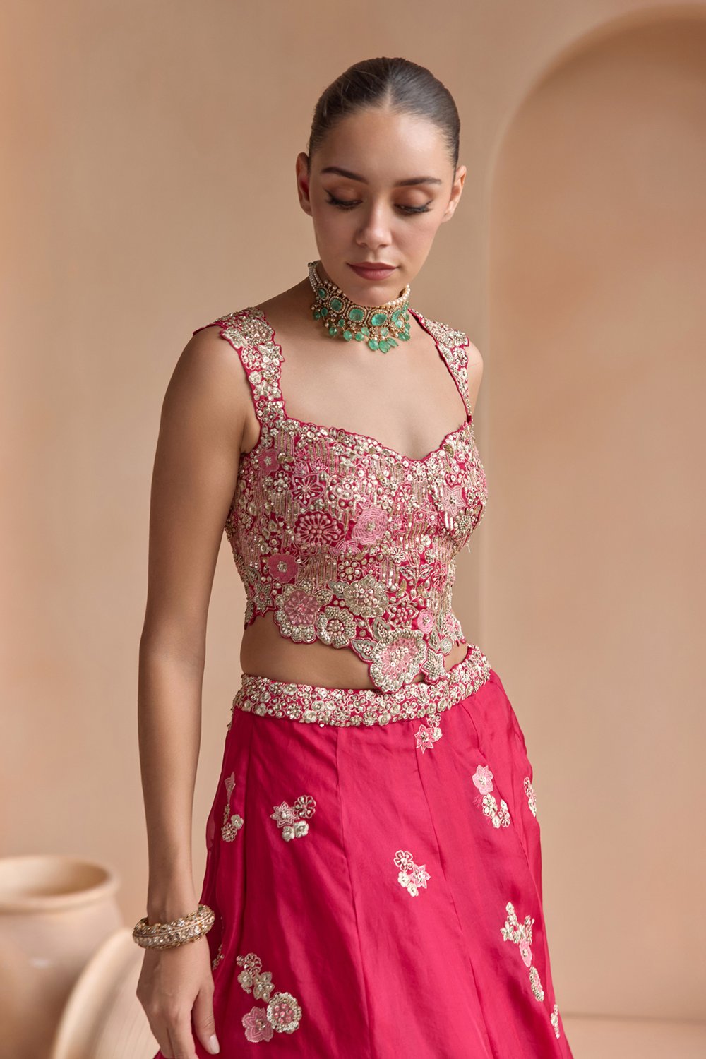 Cut Ruby Embroidered Organza Lehenga Set