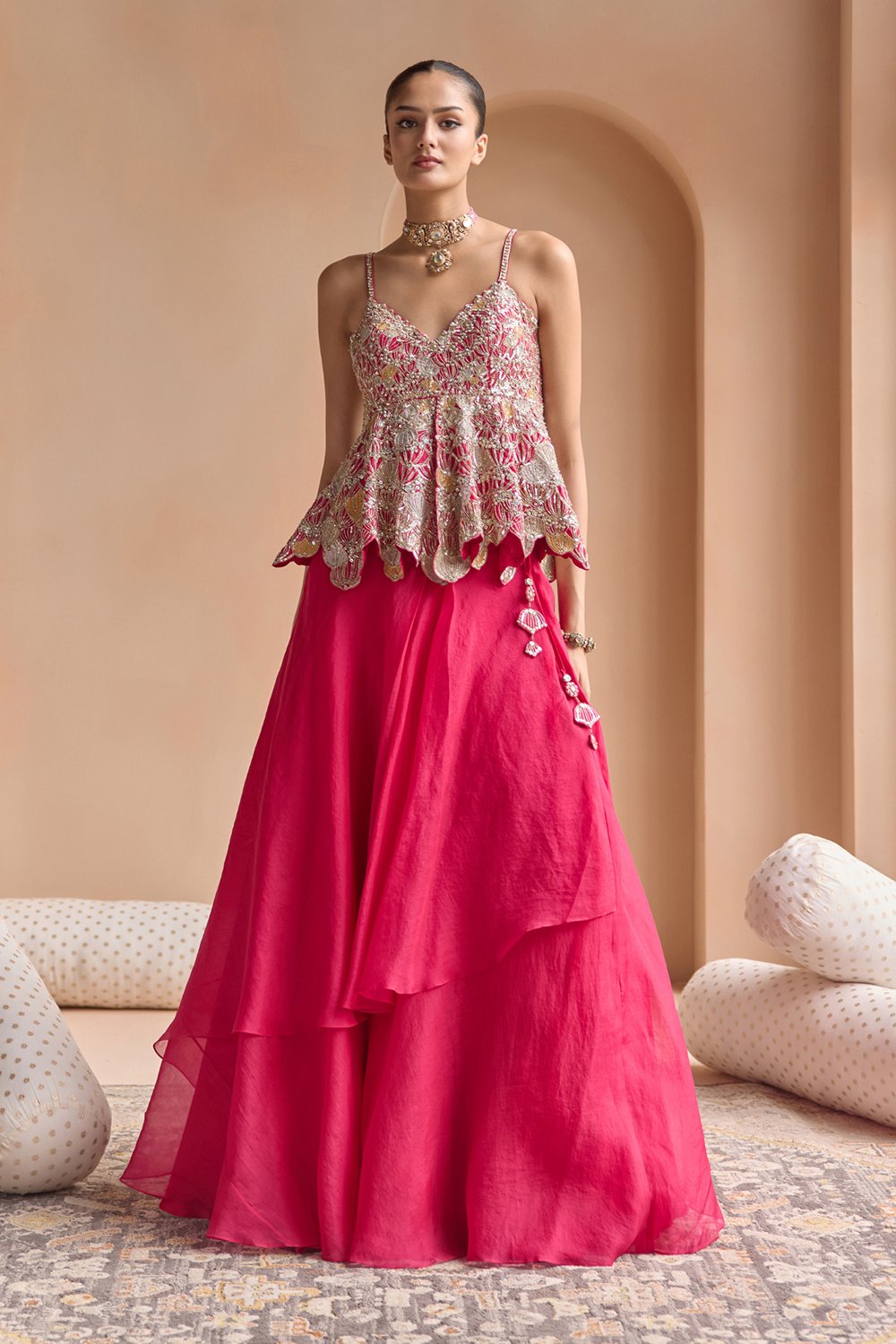 Cut Ruby Embroidered Peplum and Skirt Set