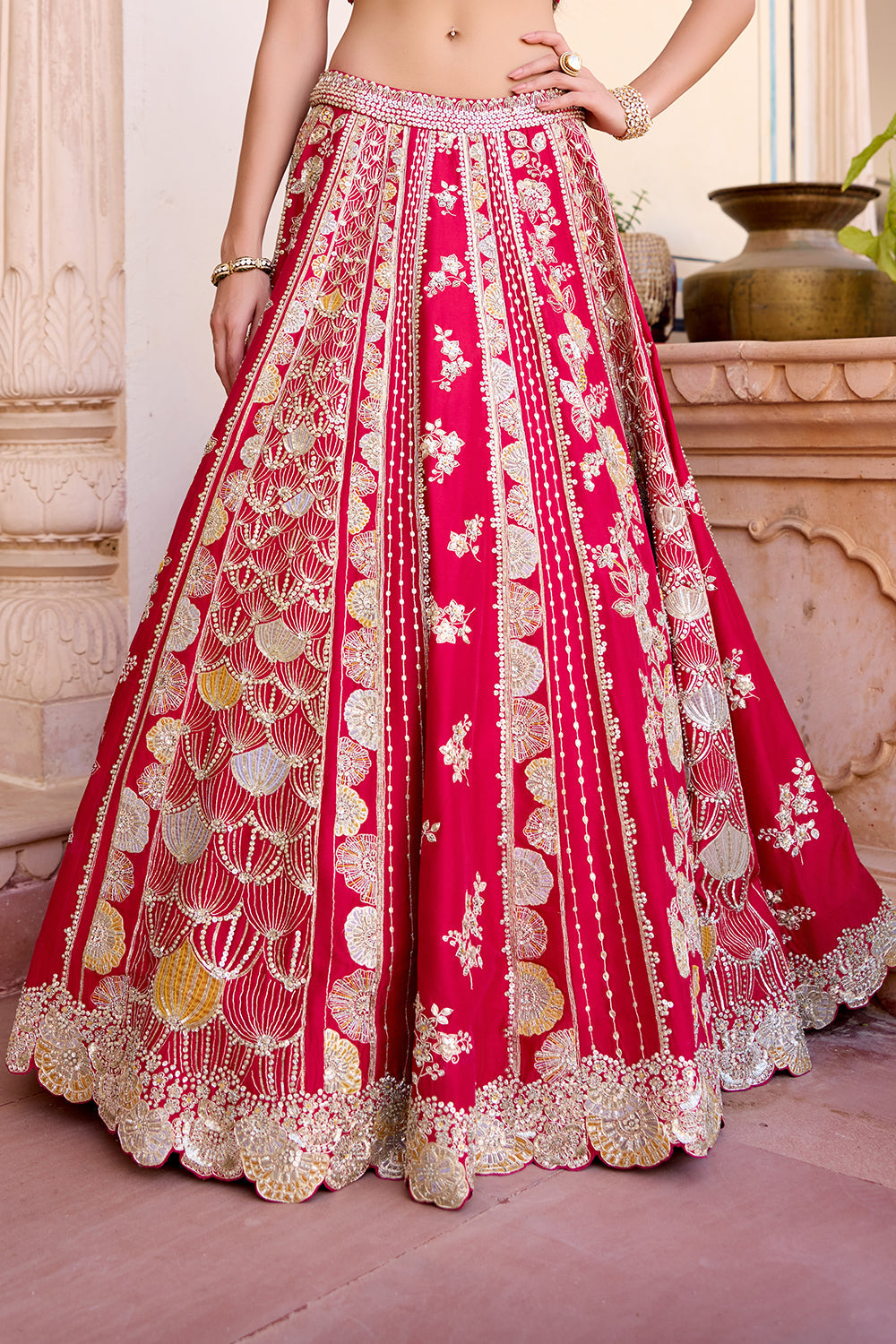 Cut Ruby Mulberry Silk Lehenga Set