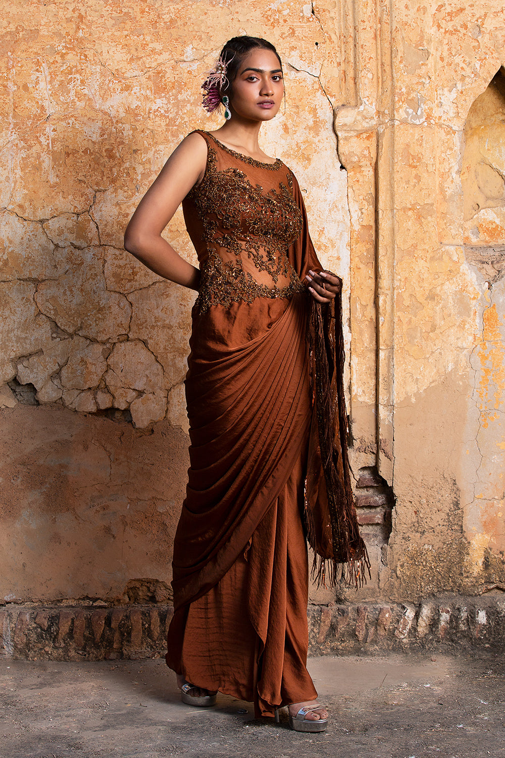 Dark Copper Drape Saree