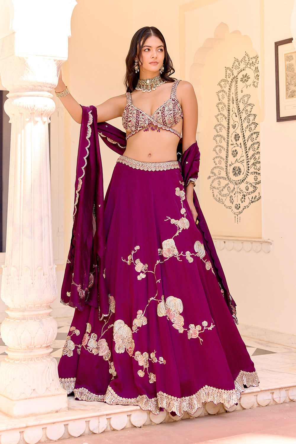 Dark Plum Jaal Placement Lehenga Set