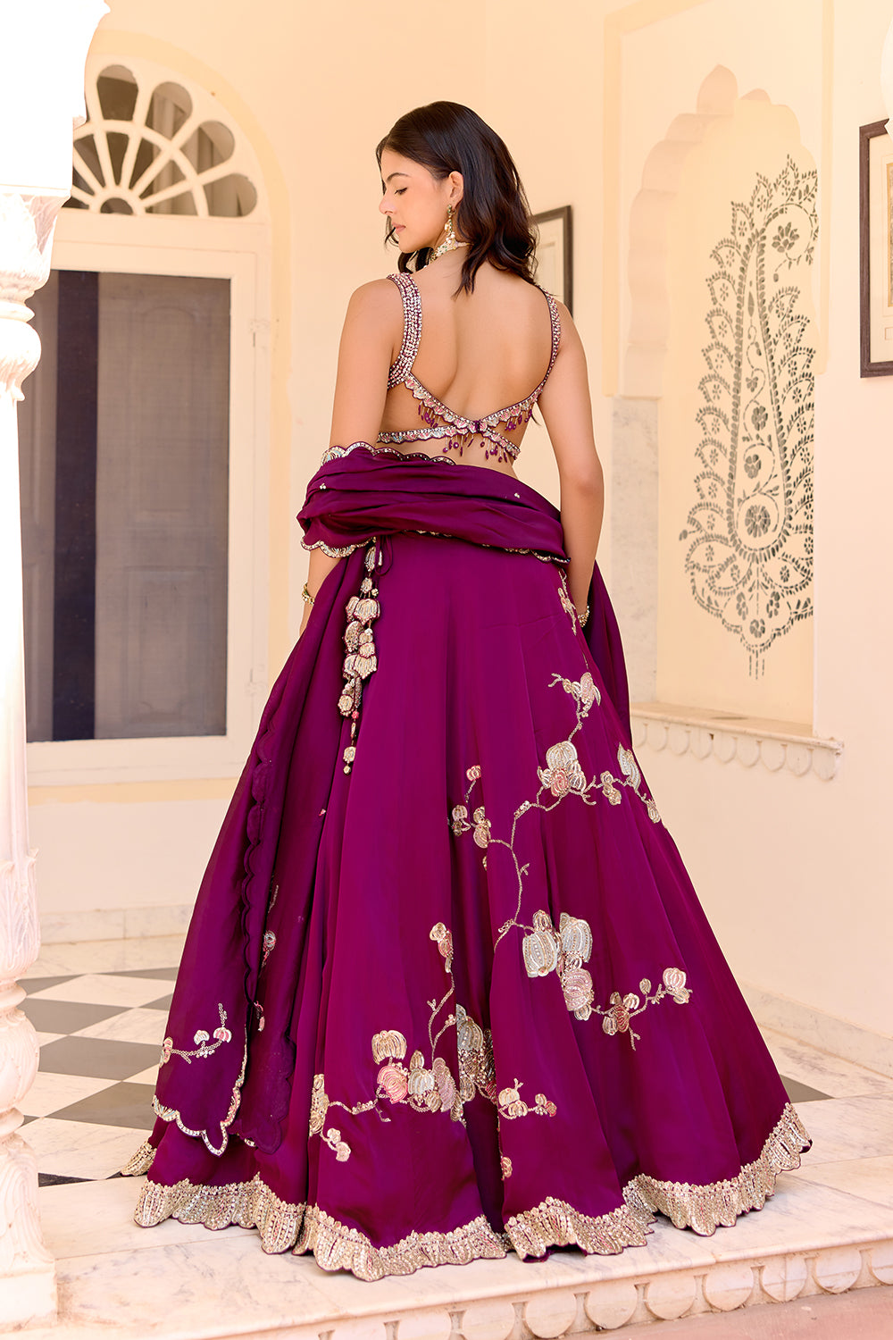 Dark Plum Jaal Placement Lehenga Set