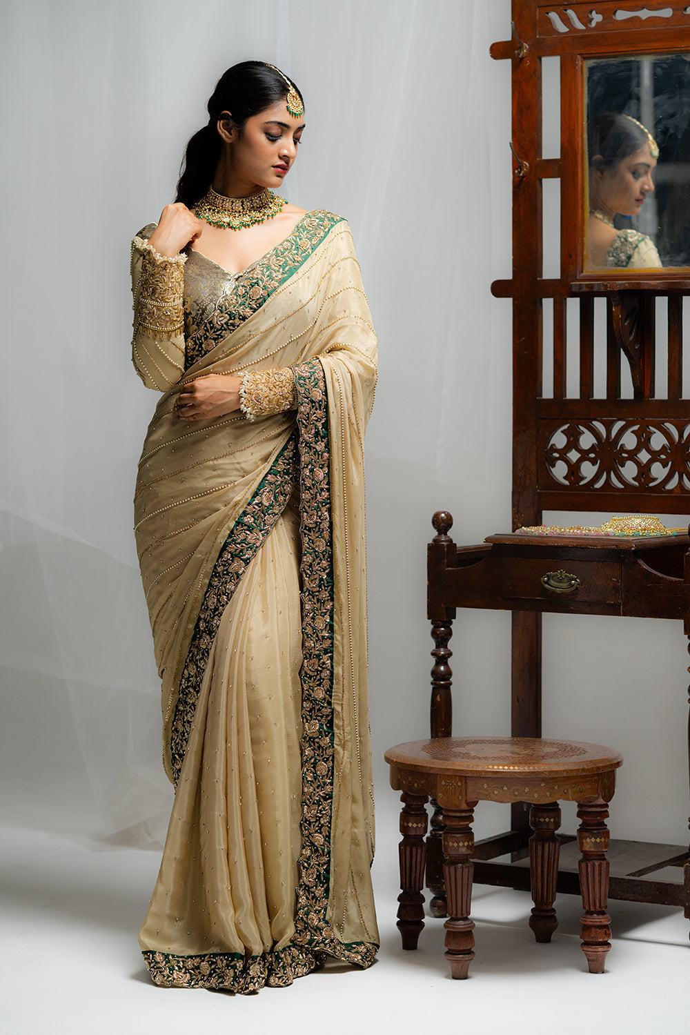Dark Vanilla Saree with Brocade & Chiffon Blouse