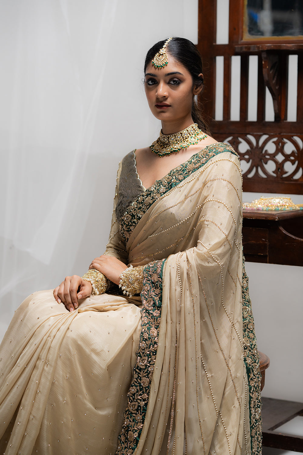 Dark Vanilla Saree with Brocade & Chiffon Blouse