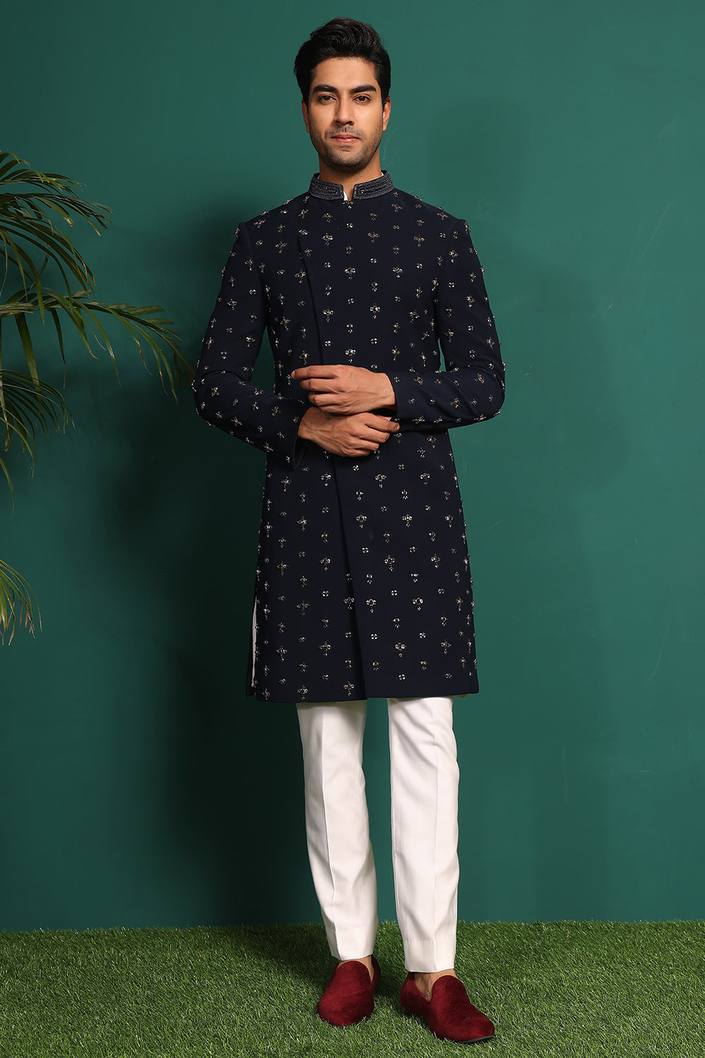 Deep Blue Indowestern handembroidered with stone & Cutdaana details